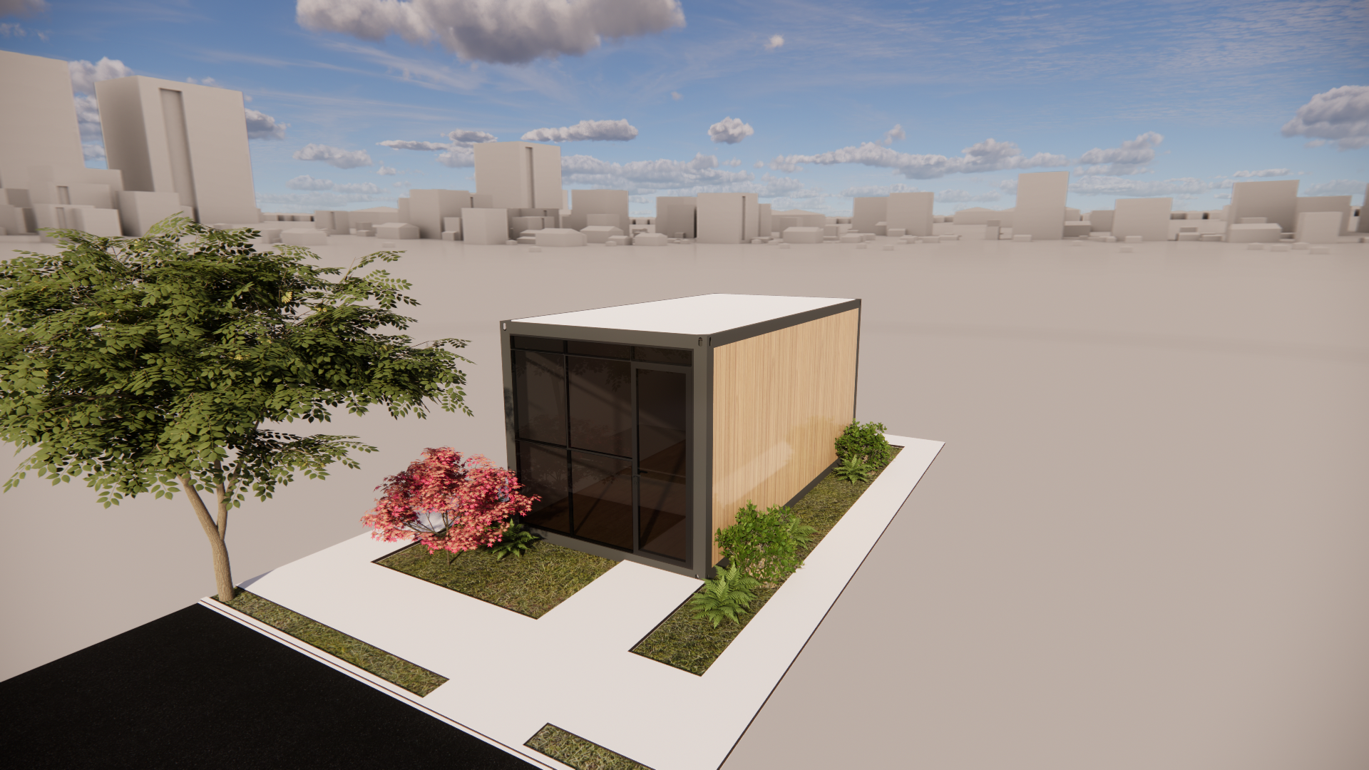 Estrutura modular branca com amplas janelas de vidro escuras em um espaço aberto.