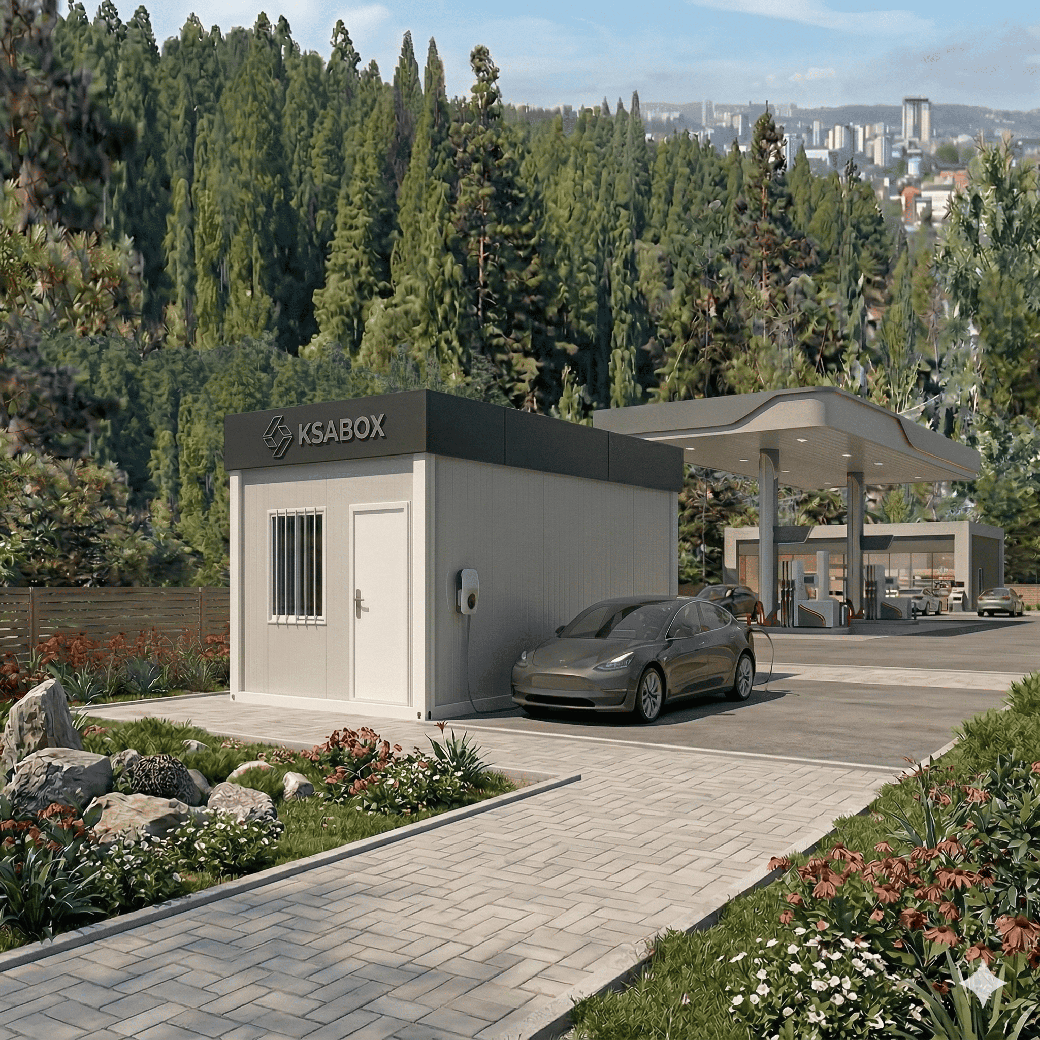 Container branco modificado com janela gradeada e porta aberta, com interior parcialmente visível.