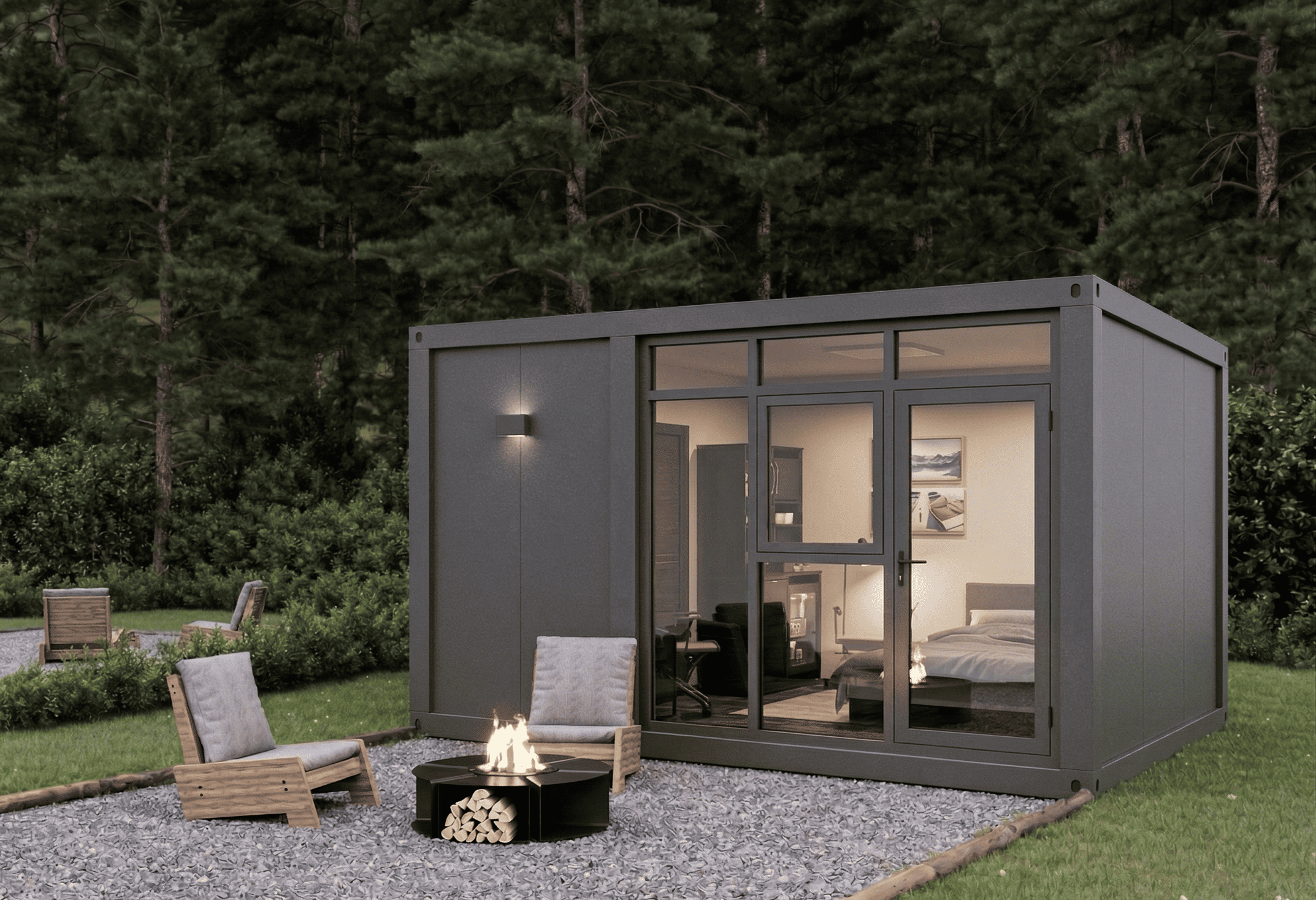 Estrutura modular branca com amplas janelas de vidro escuras em um espaço aberto.