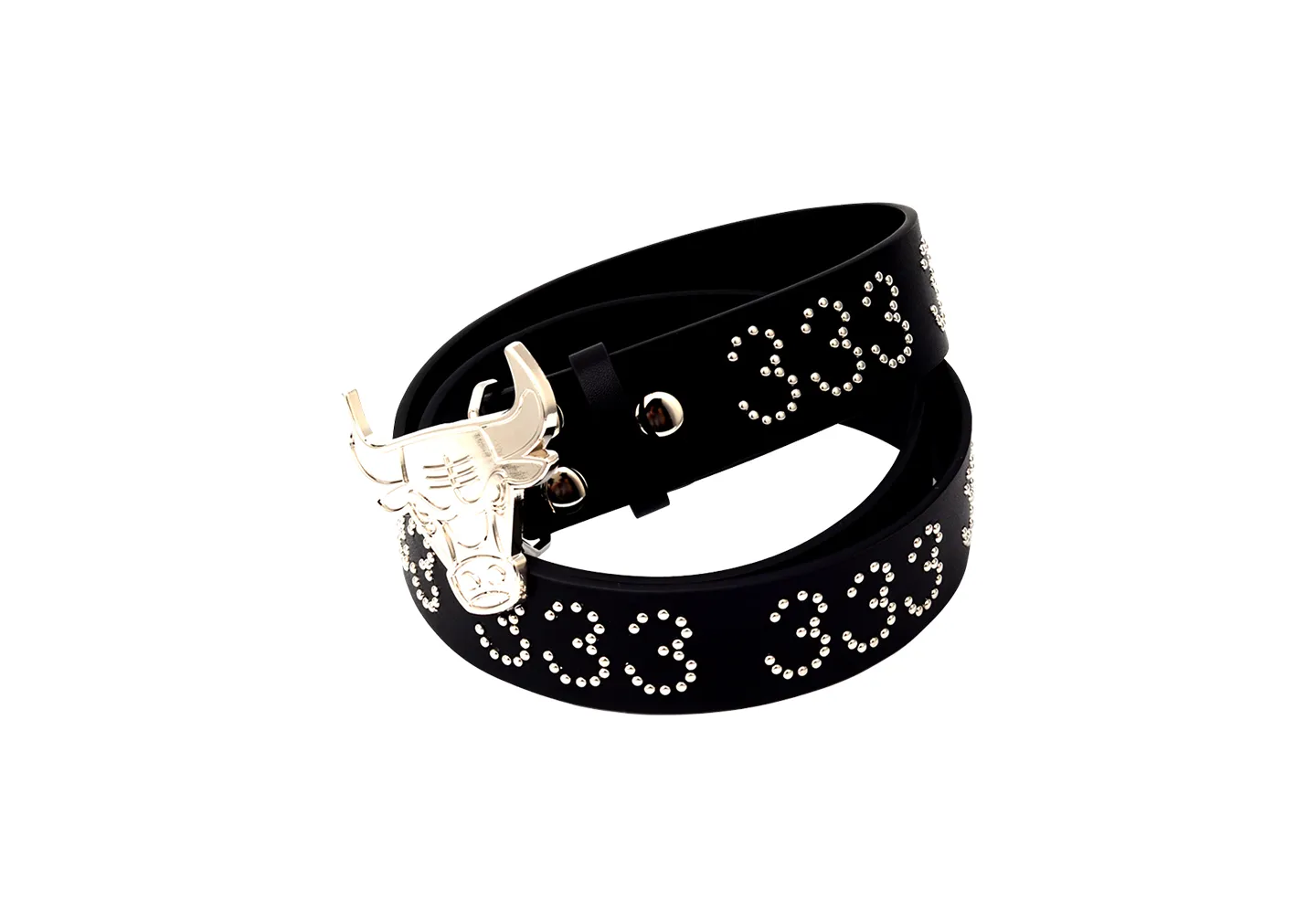 A custom belt buckle and strap with metal studs on the belt