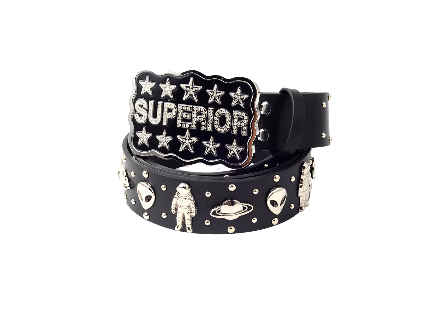 A custom belt buckle with black enamel and gems and a belt with multiple metal pendants 