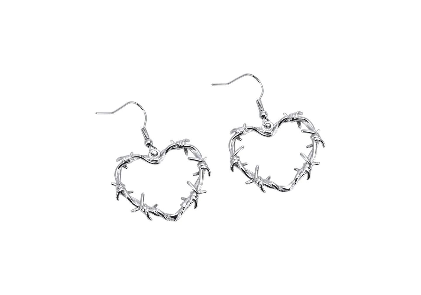 A custom pair of barbed wire heart shaped stainless steel earrings 