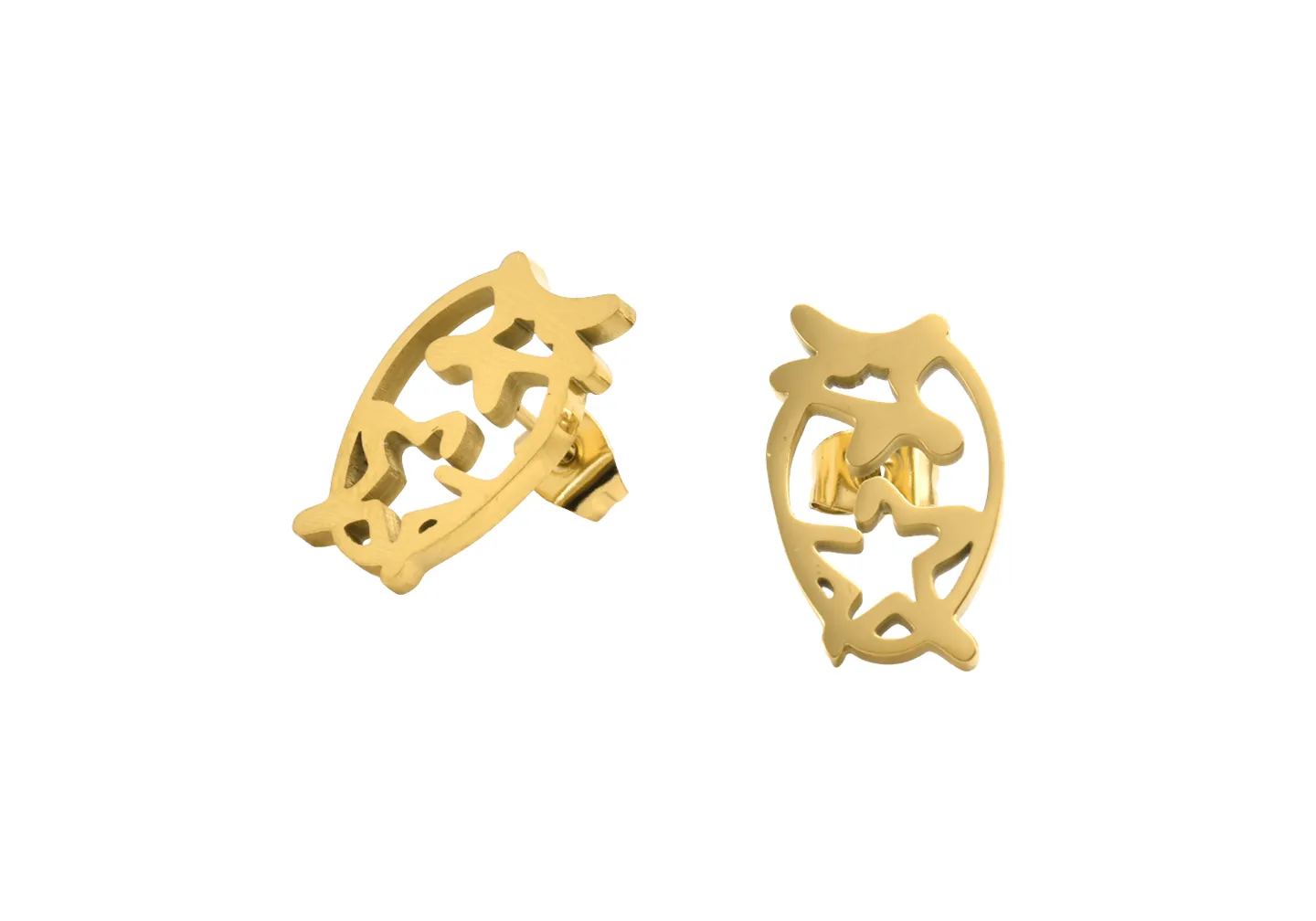 A custom pair of flat 2D gold stainless steel earrings