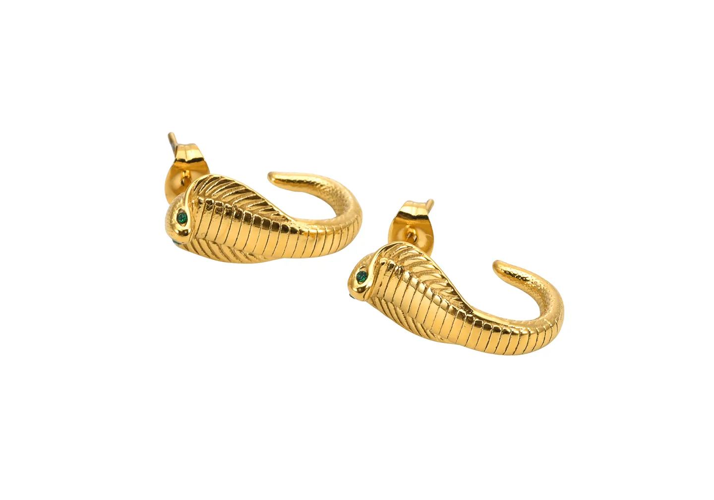 A custom pair of snake earrings gold color with green gems for eyes