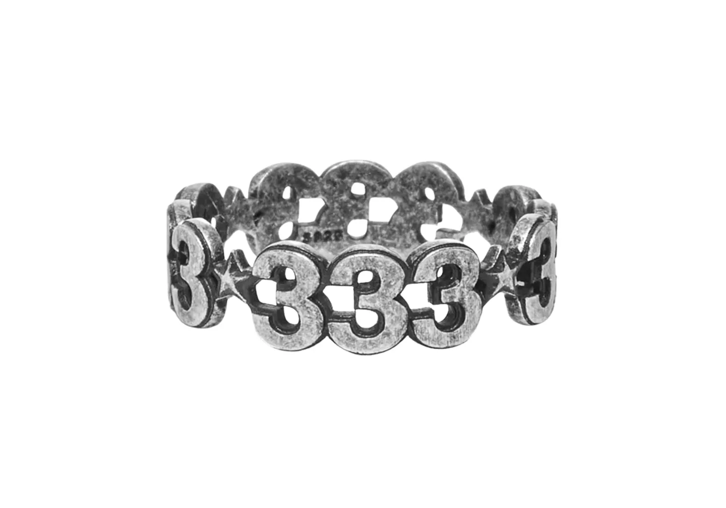 A half evil custom 333 text ring with antique finish 