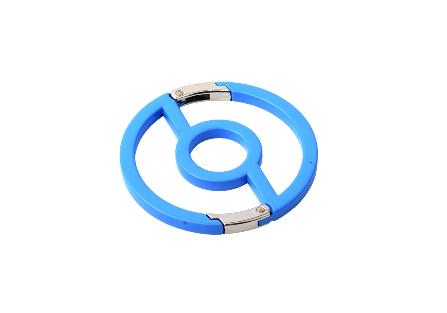 A custom circle carabiner with blue paint and 2 hinge openings