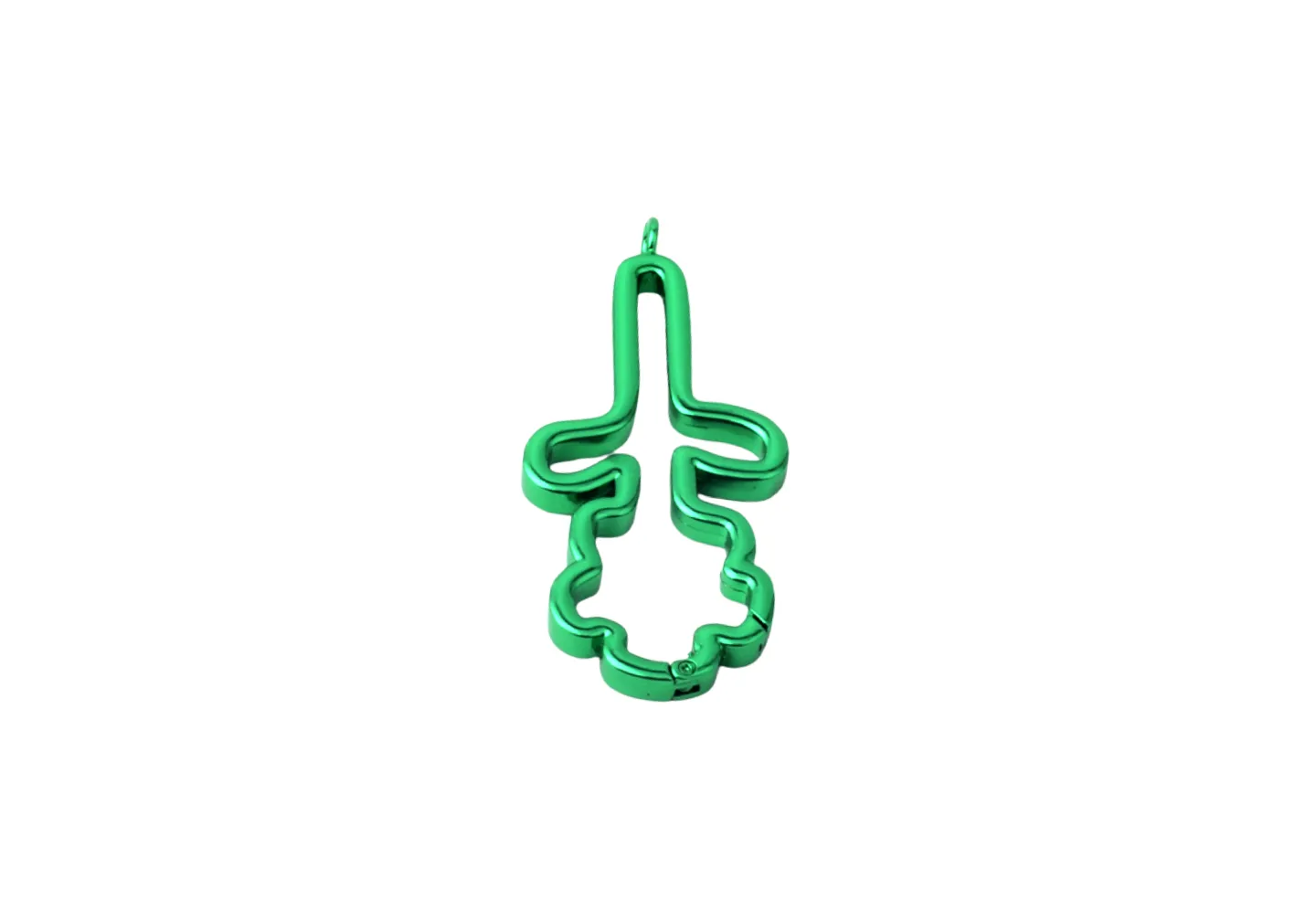 A green flower shaped carabiner with one hinge