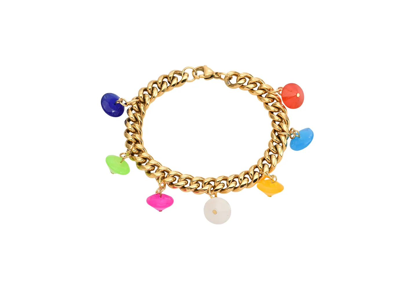 A custom metal bracelet with gold cuban links and hanging resin pendants