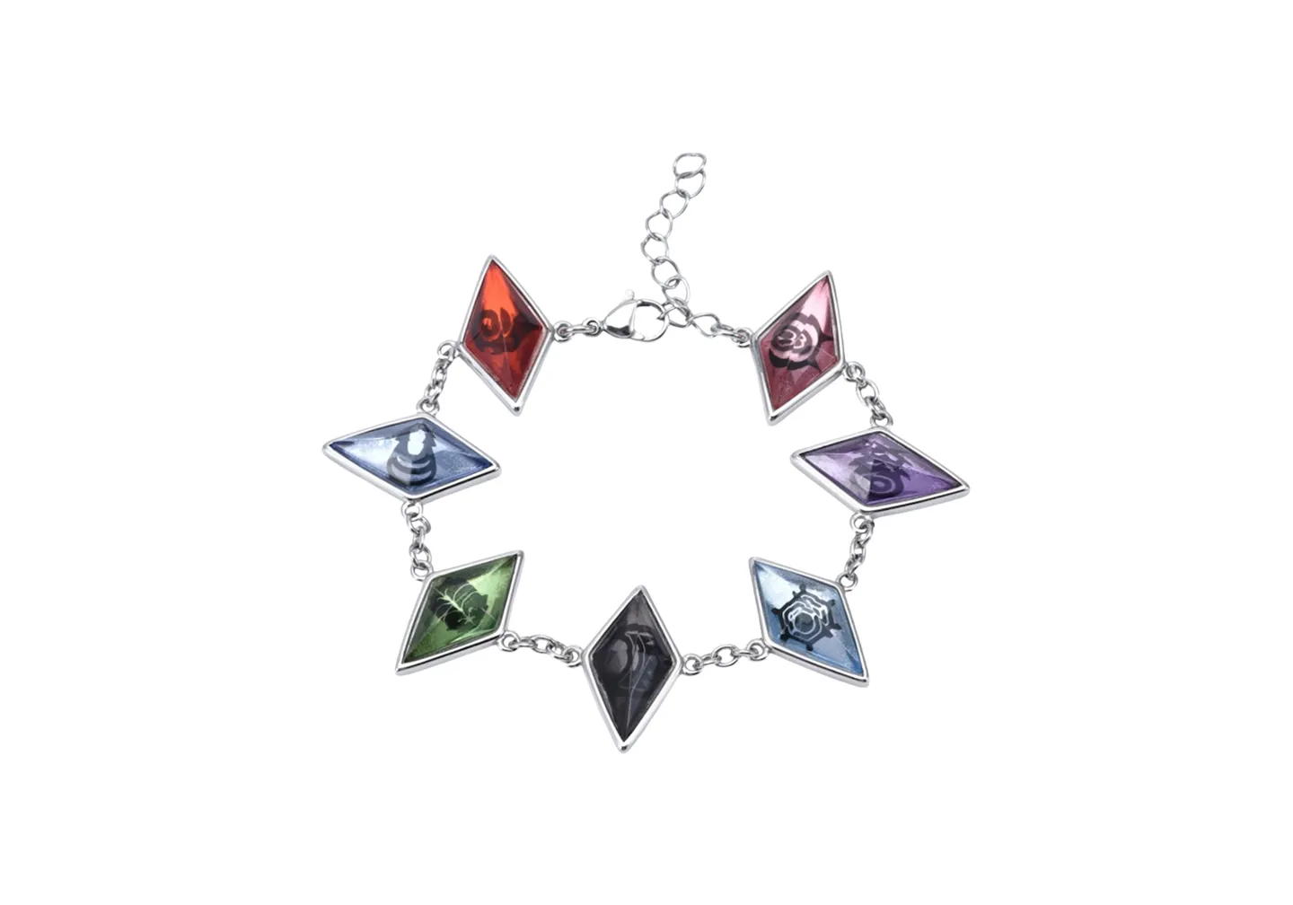 A custom metal bracelet with multi color diamond shaped resin pendants