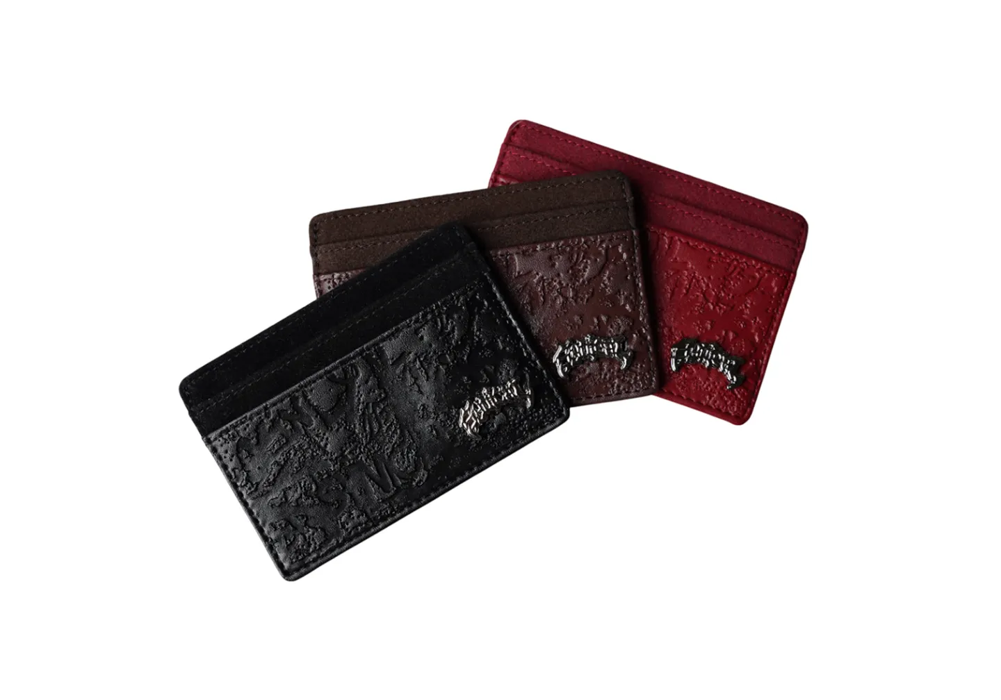 Custom leather cardholder in 3 colors red brown and black with debossed emblem and metal patch