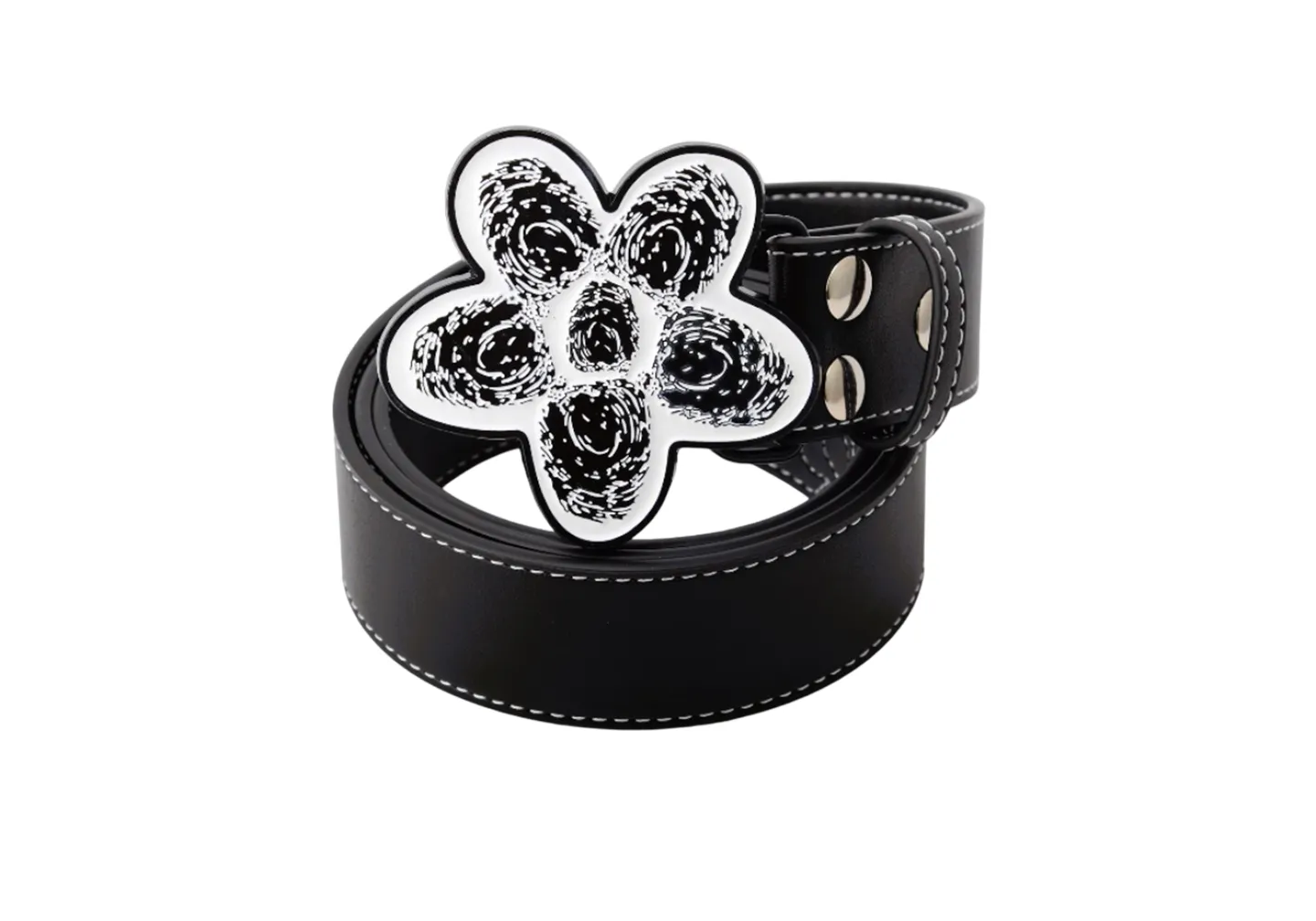 A custom belt buckle with white enamel and a black leather strap