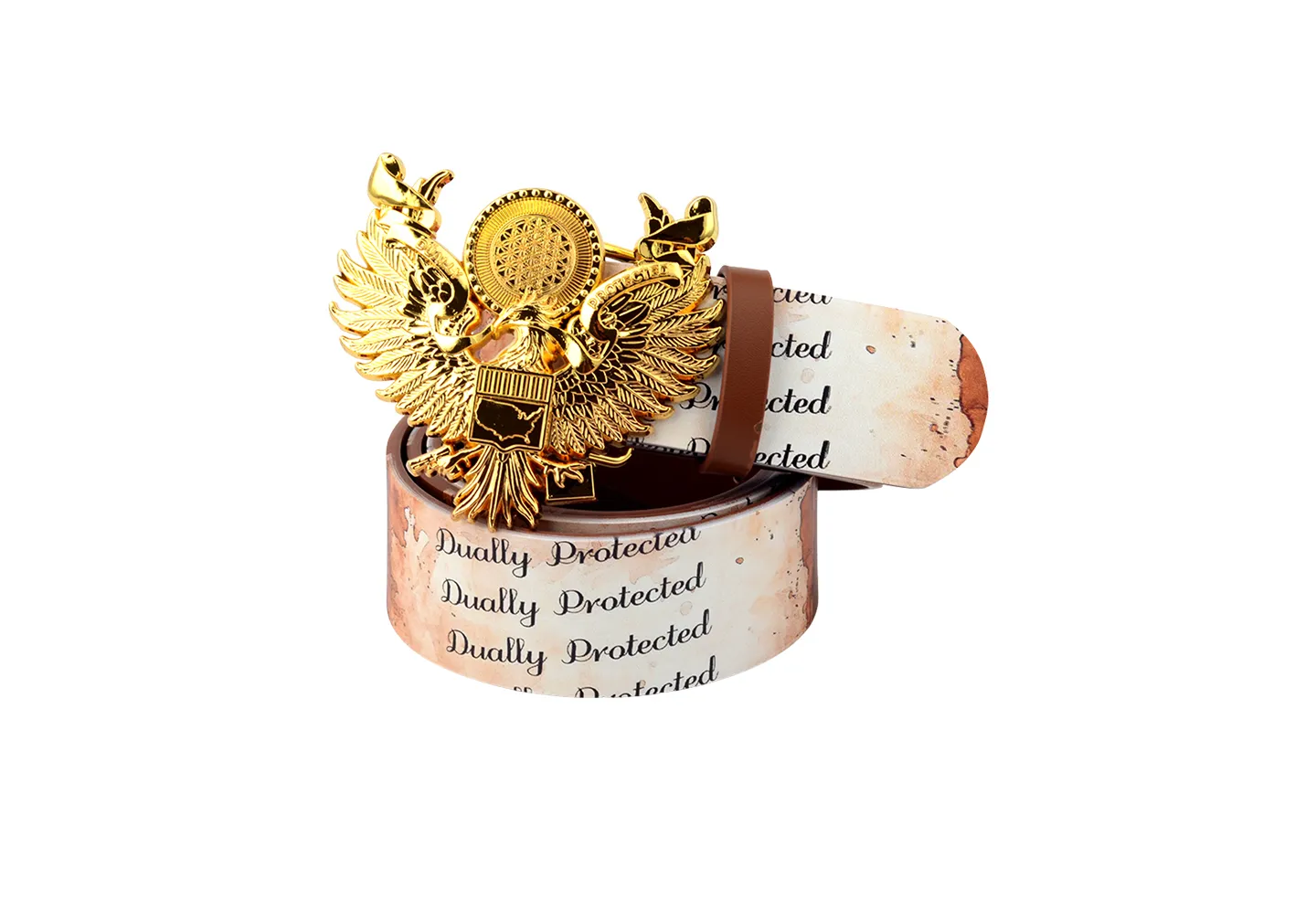 A gold custom metal buckle with a belt strap with full printed design