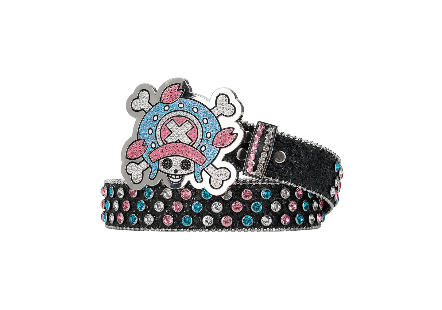 A custom One Piece x Hypland belt buckle with gems and black belt with pink and blue gems and glitter