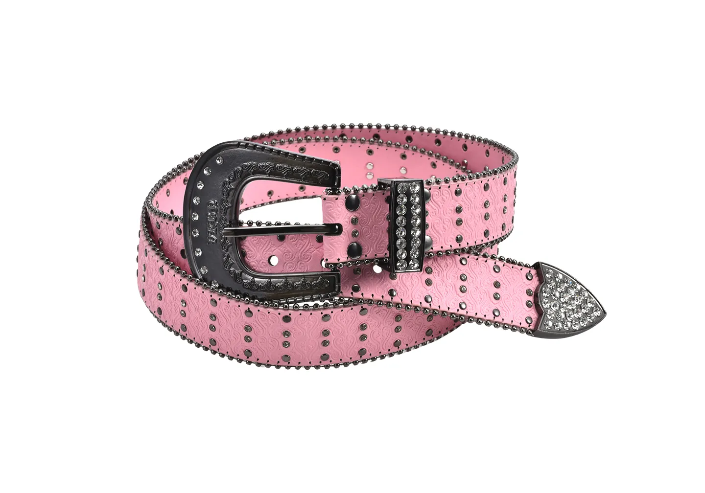 A pink studded belt with a gun metal plated buckle and end tip