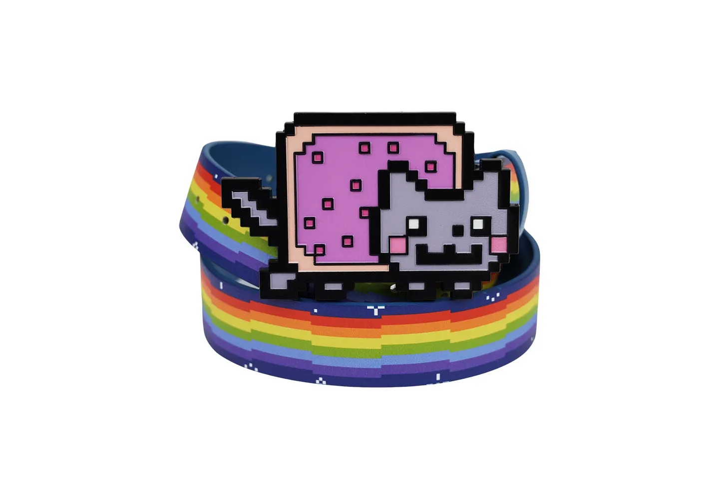 A custom belt buckle with multi color enamel and a belt strap with all over printed design