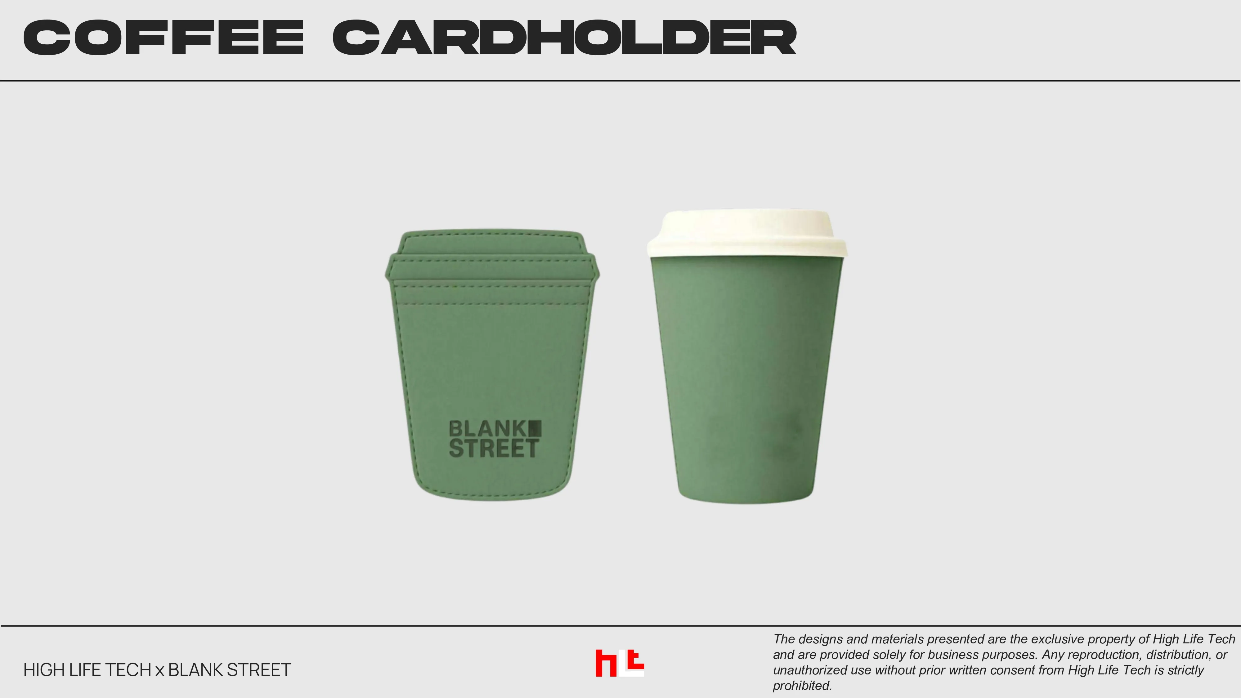 A leather coffee cup shaped cardholder with debossed logo