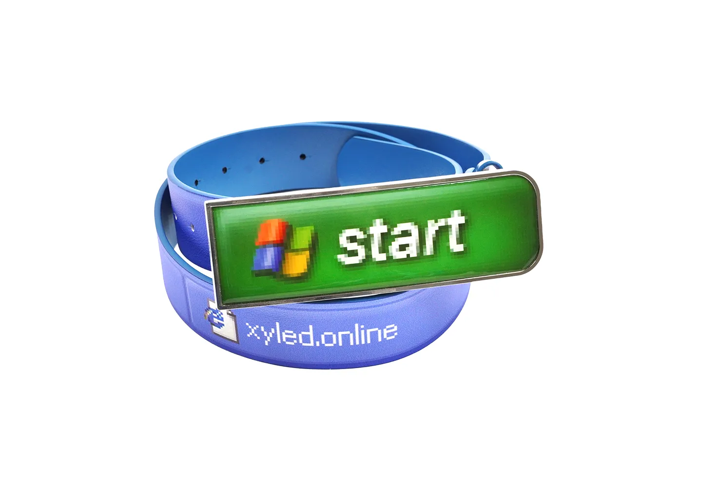 A silver belt buckle with pink belt decorated with yellow teeth pendants