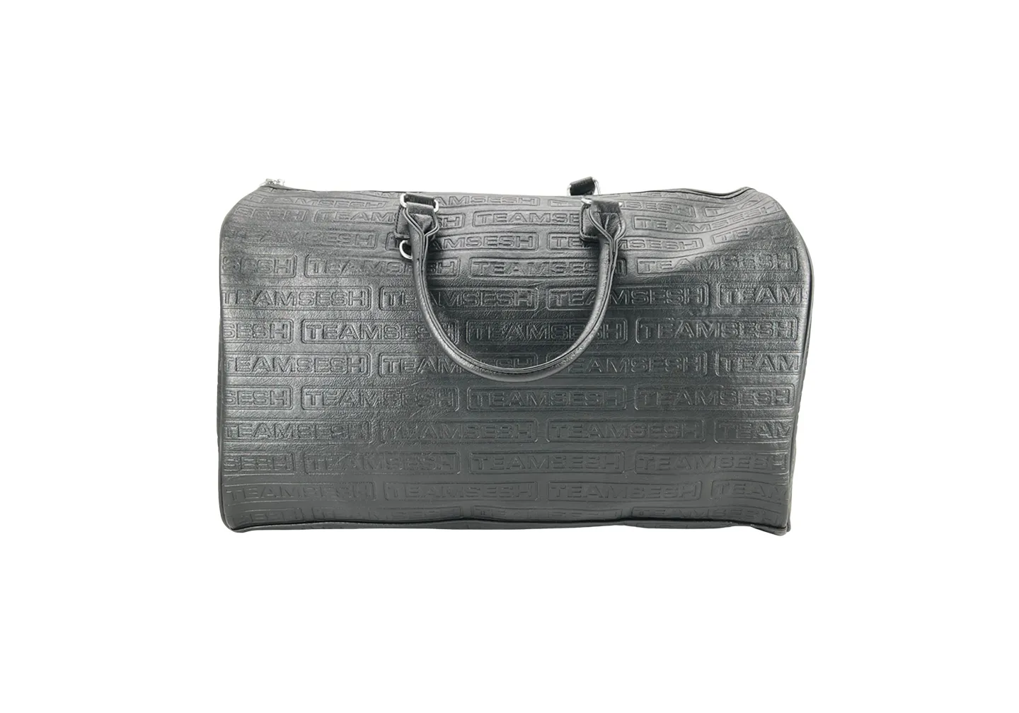 A custom black leather duffel bag with all over debossed pattern