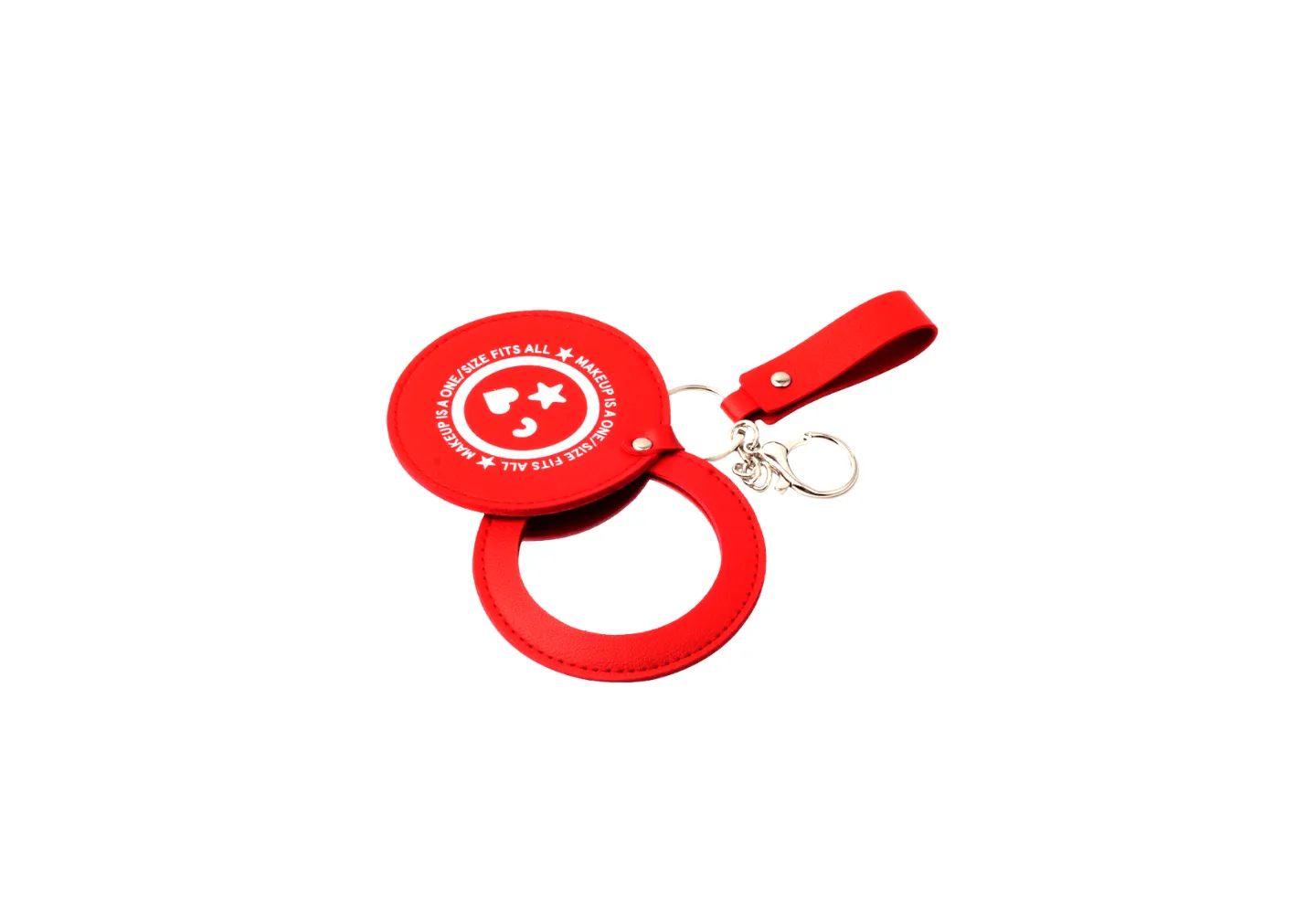 A red leather mirror keychain with printed logo