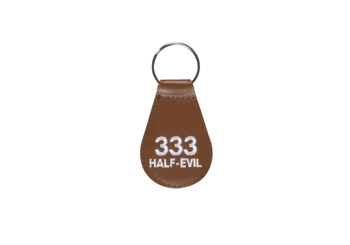 A brown leather key tag with embroidery logo