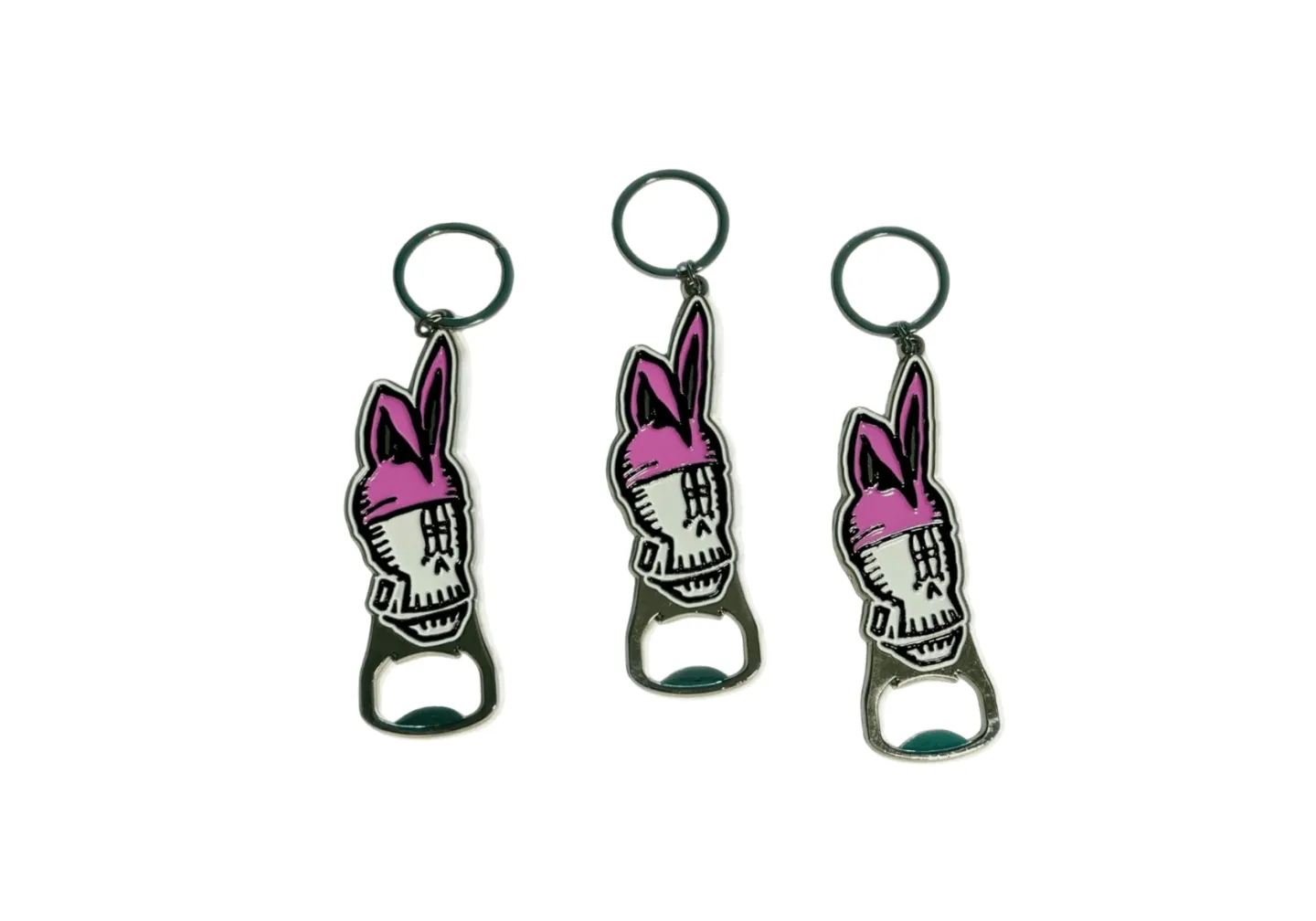 Silver bottle opener keychains with pink enamel