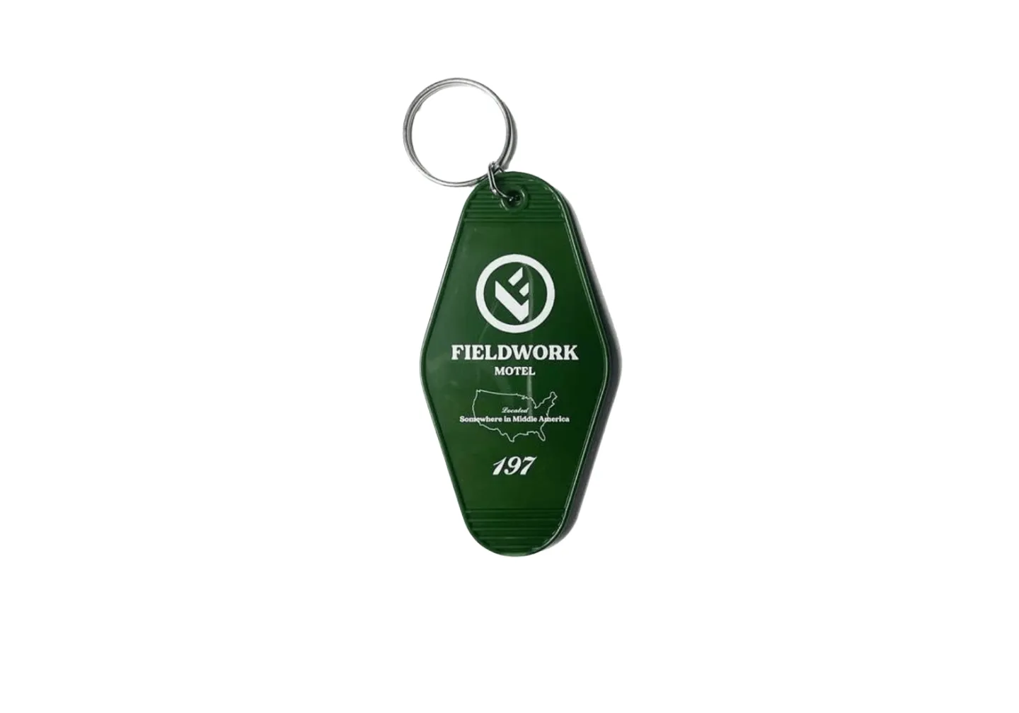 Green hotel keychain with white printed logo
