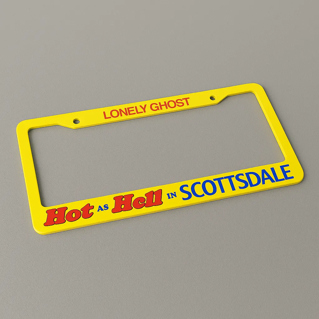 A yellow and red custom license plate holder