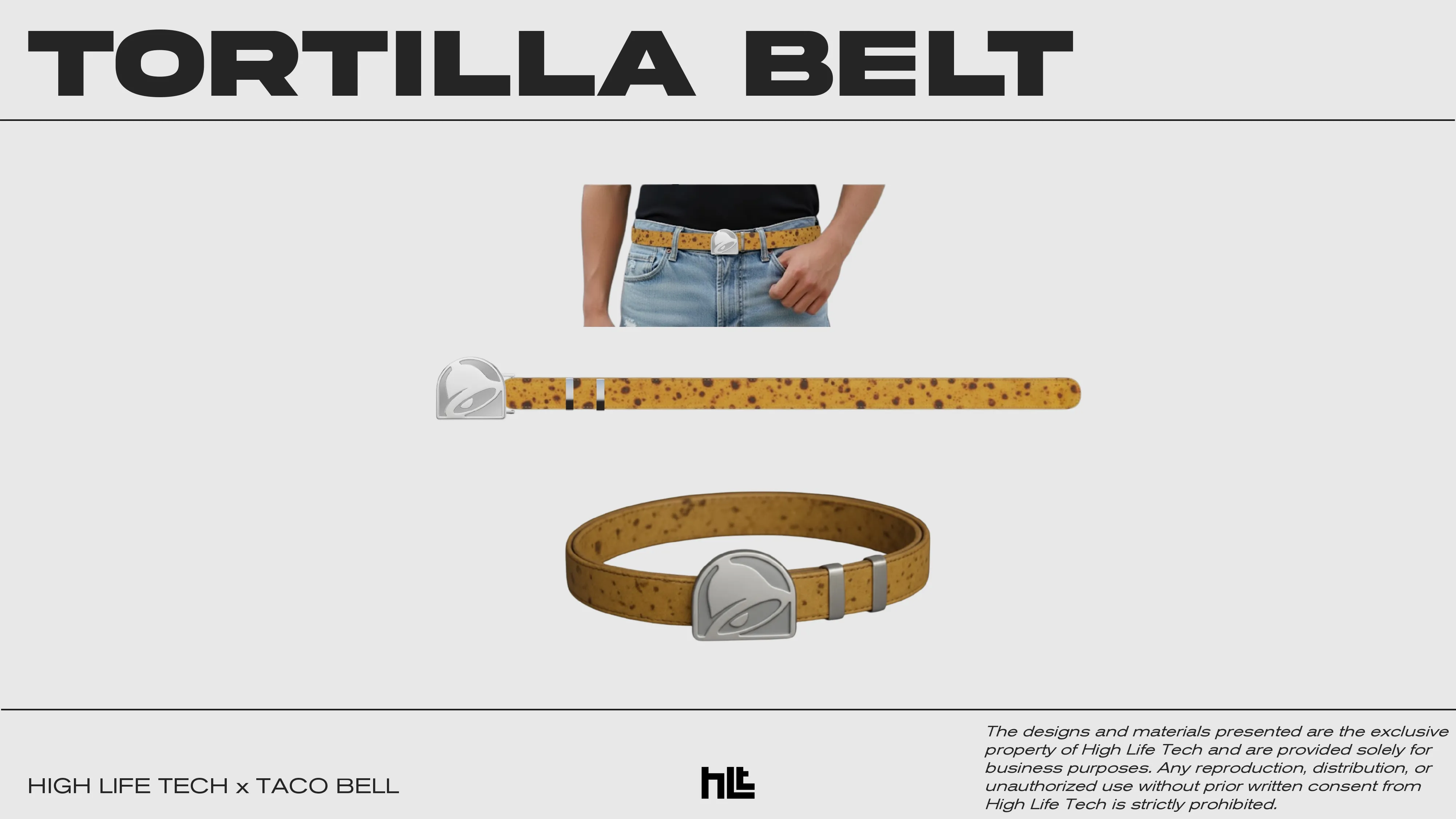 A custom Taco Bell belt with their logo as the buckle and the belt looks like a burned tortilla