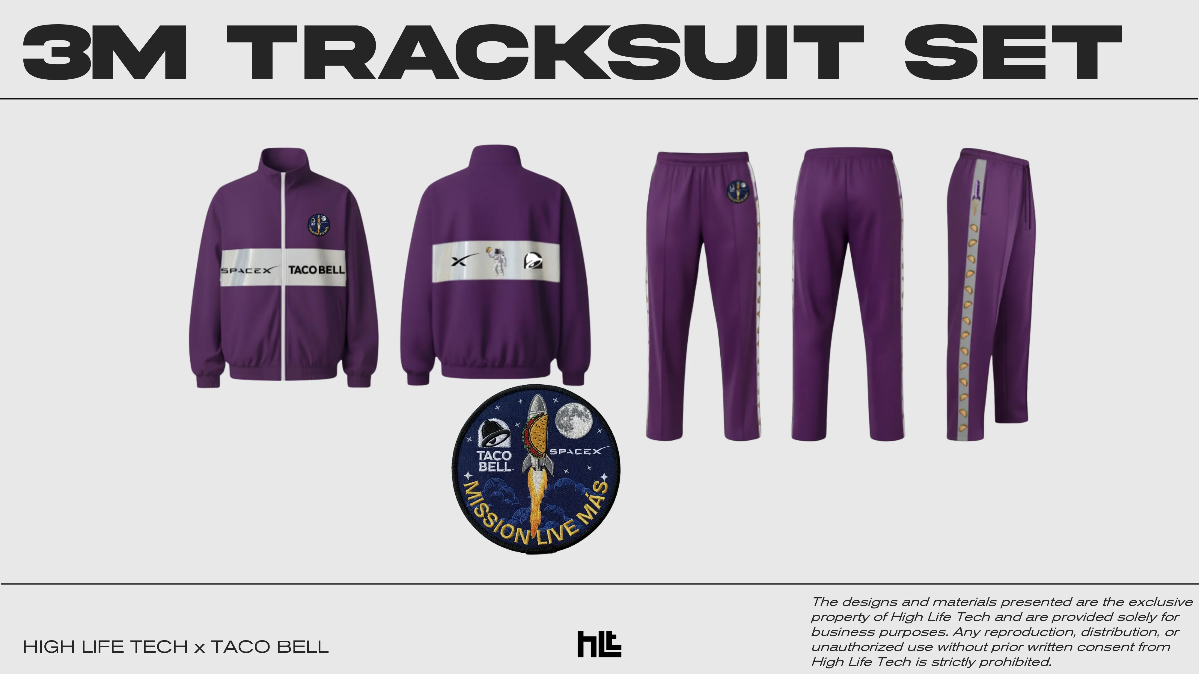 A purple custom track suit for a hypothetical Taco Bell x Space X collab