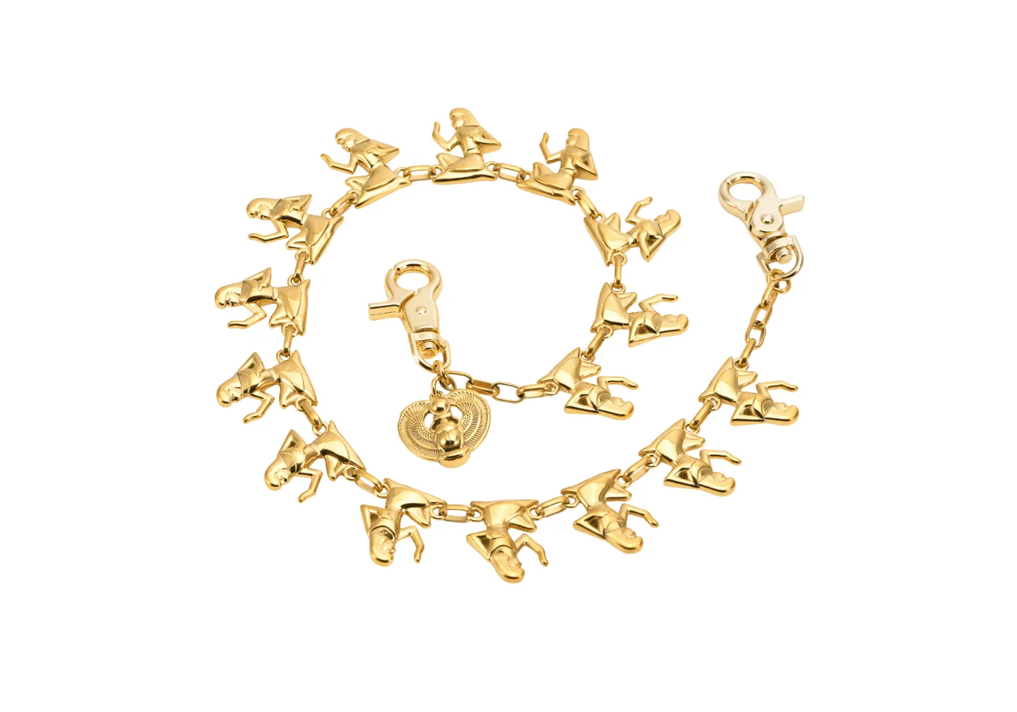 A custom gold wallet chain with repeating pendants