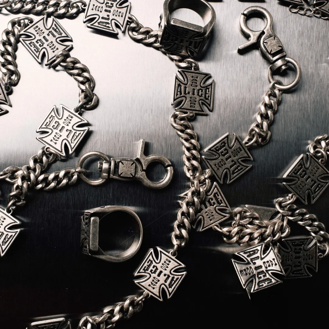 Lifestyle photo of custom wallet chains and rings for Alice