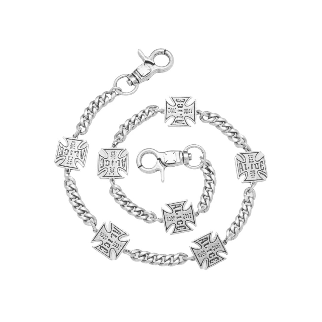 A wallet chain with repeated pendants, custom clasp, and antique plating