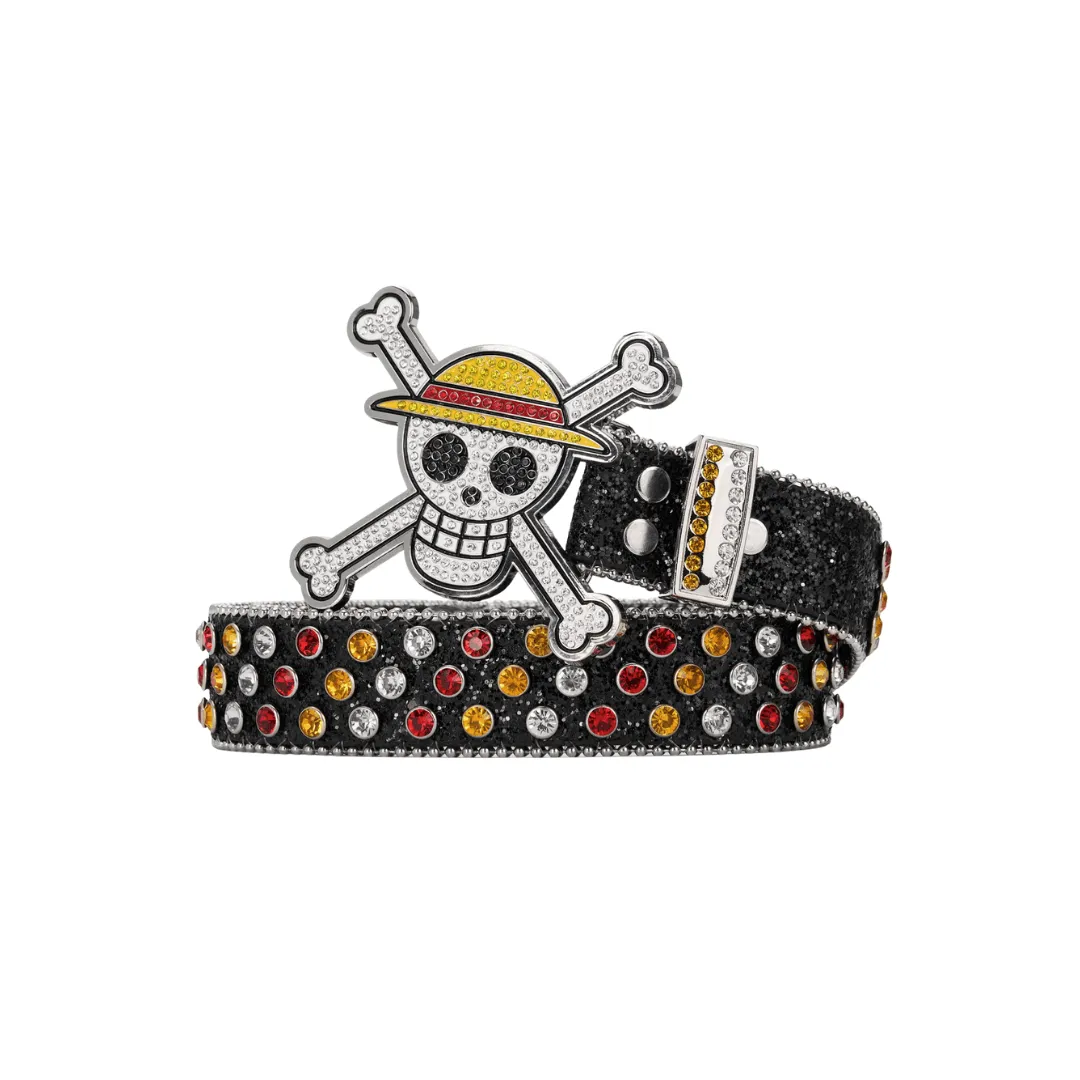 A One Piece Luffy buckle with gems and matching belt embellished with red and orange gems and glitter  