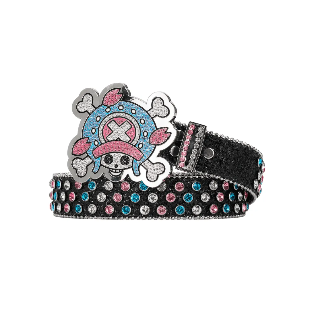 A custom One Piece Chopper buckle with matching belt with pink and blue gems 