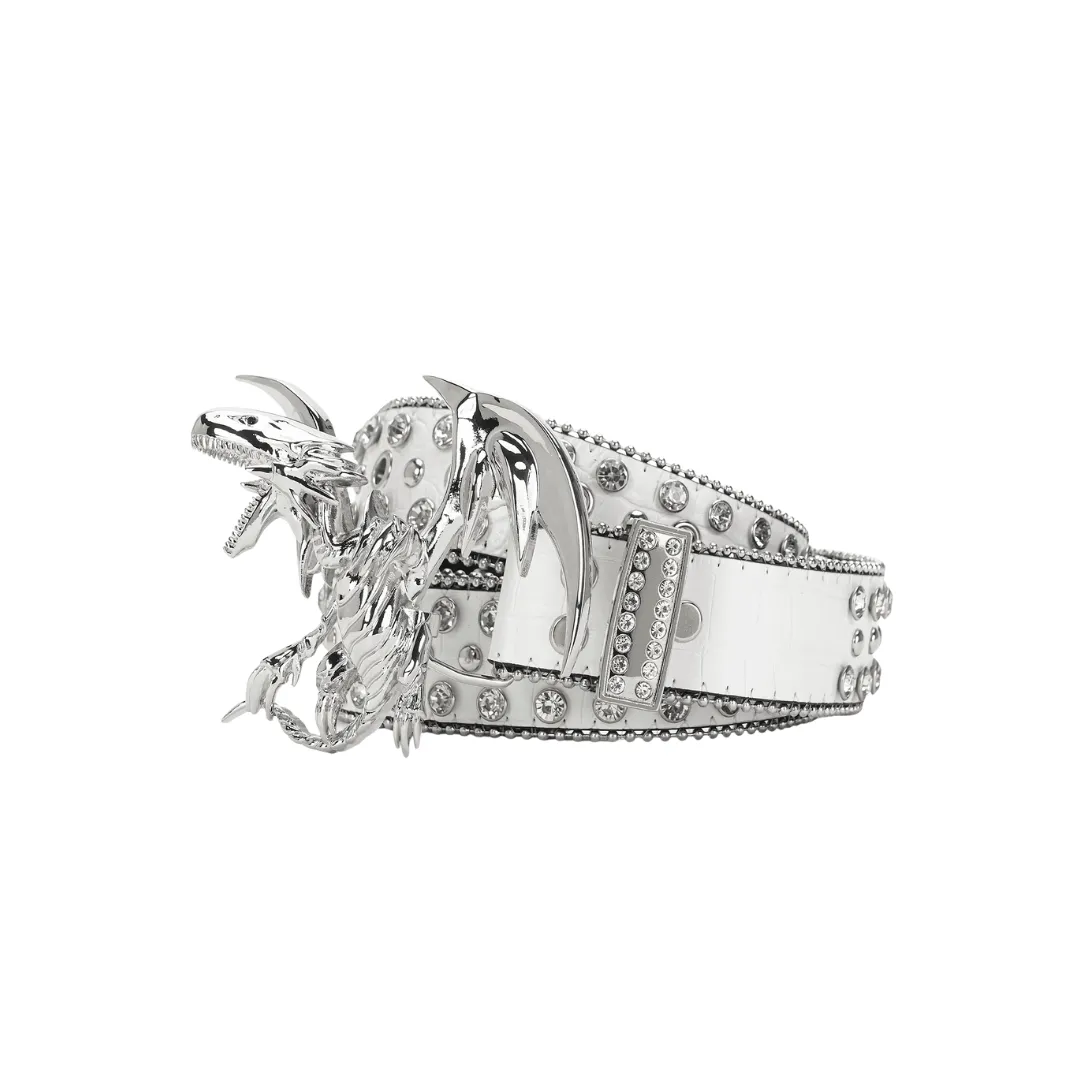 A silver blue eyed dragon belt buckle with matching white belt embellished with glitter and gems 