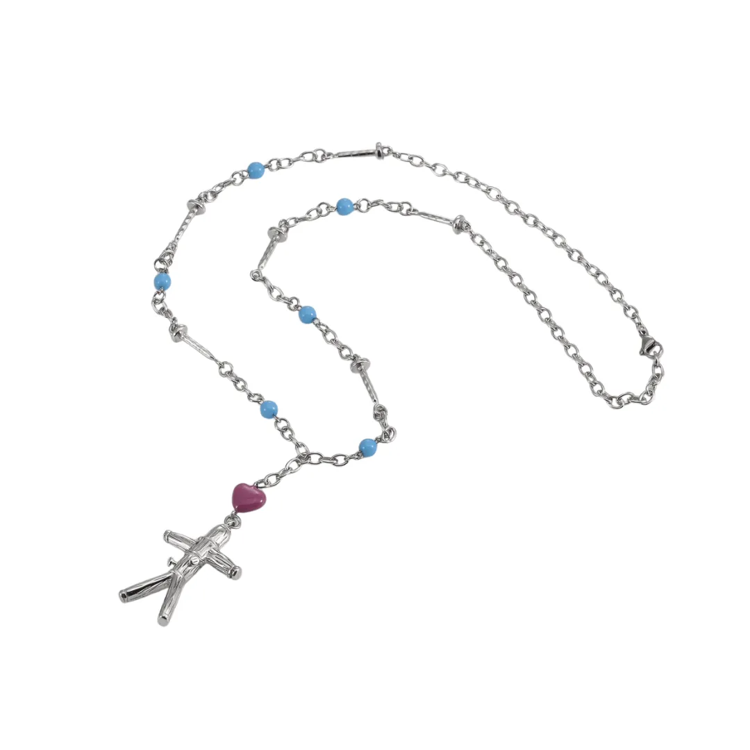 A stainless steel custom rosary with pink heart pendant, blue beads, and silver pendants 