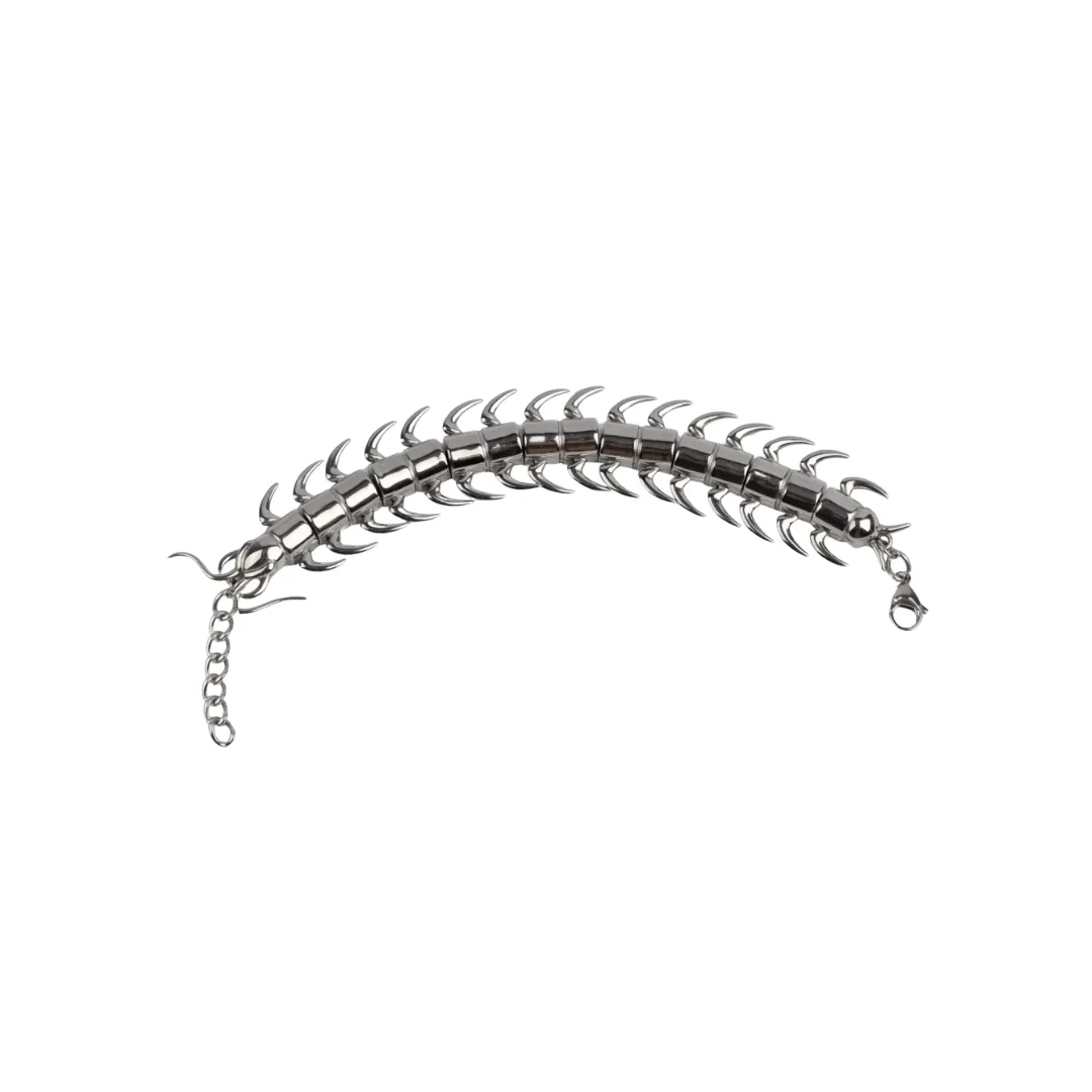 A silver bracelet that looks like a centipede 