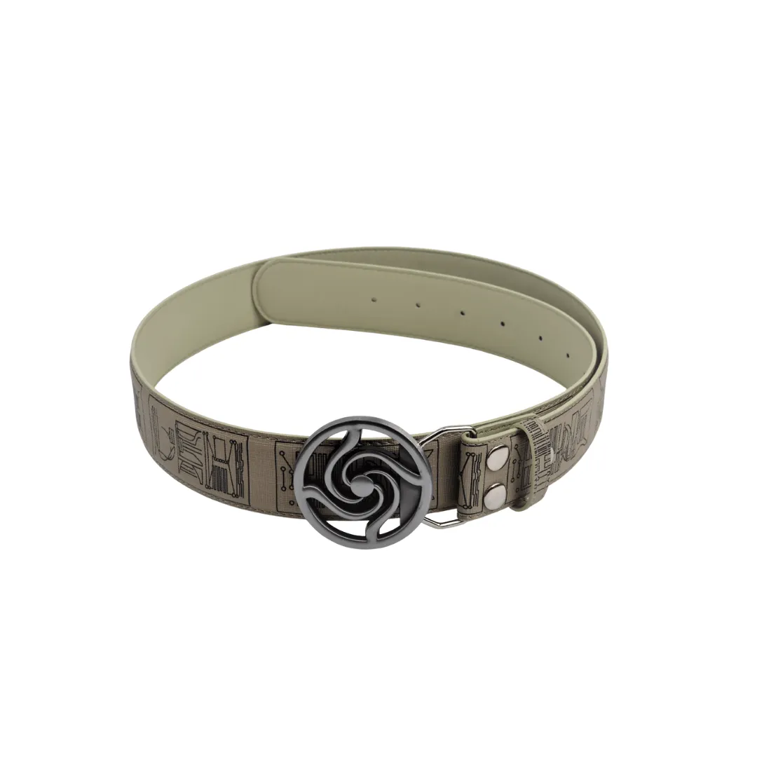 A canvas belt with custom buckle and printed design