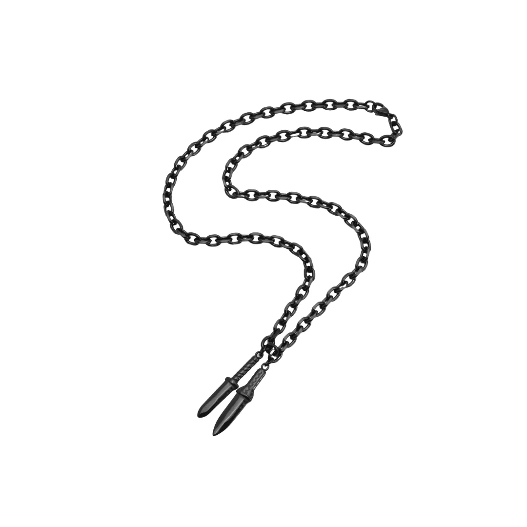 A metal sword necklace with black plating