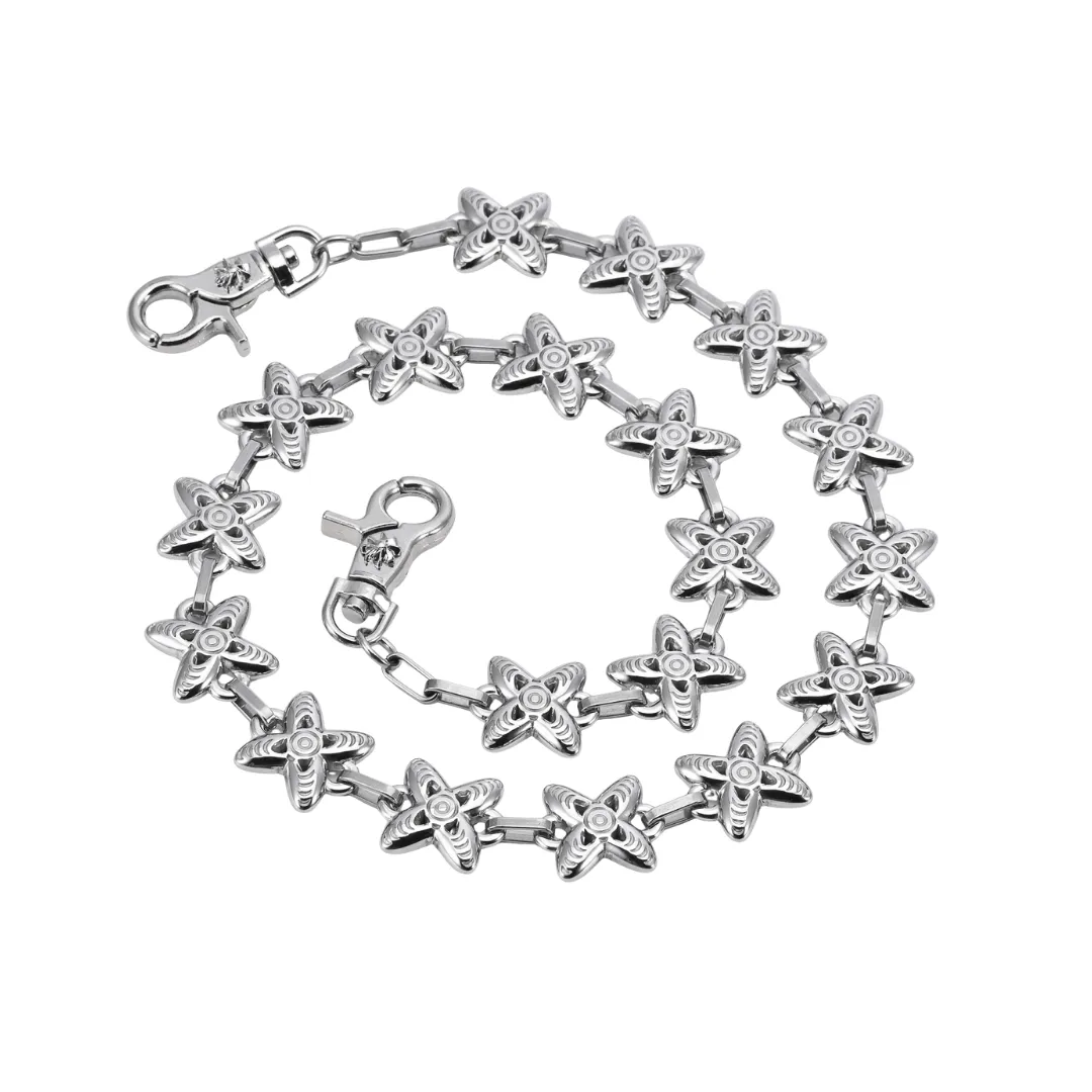 A multi-pendant wallet chain made of stainless steel with engraved detailing