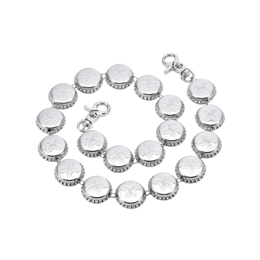 A silver wallet chain with bottle cap pendants 