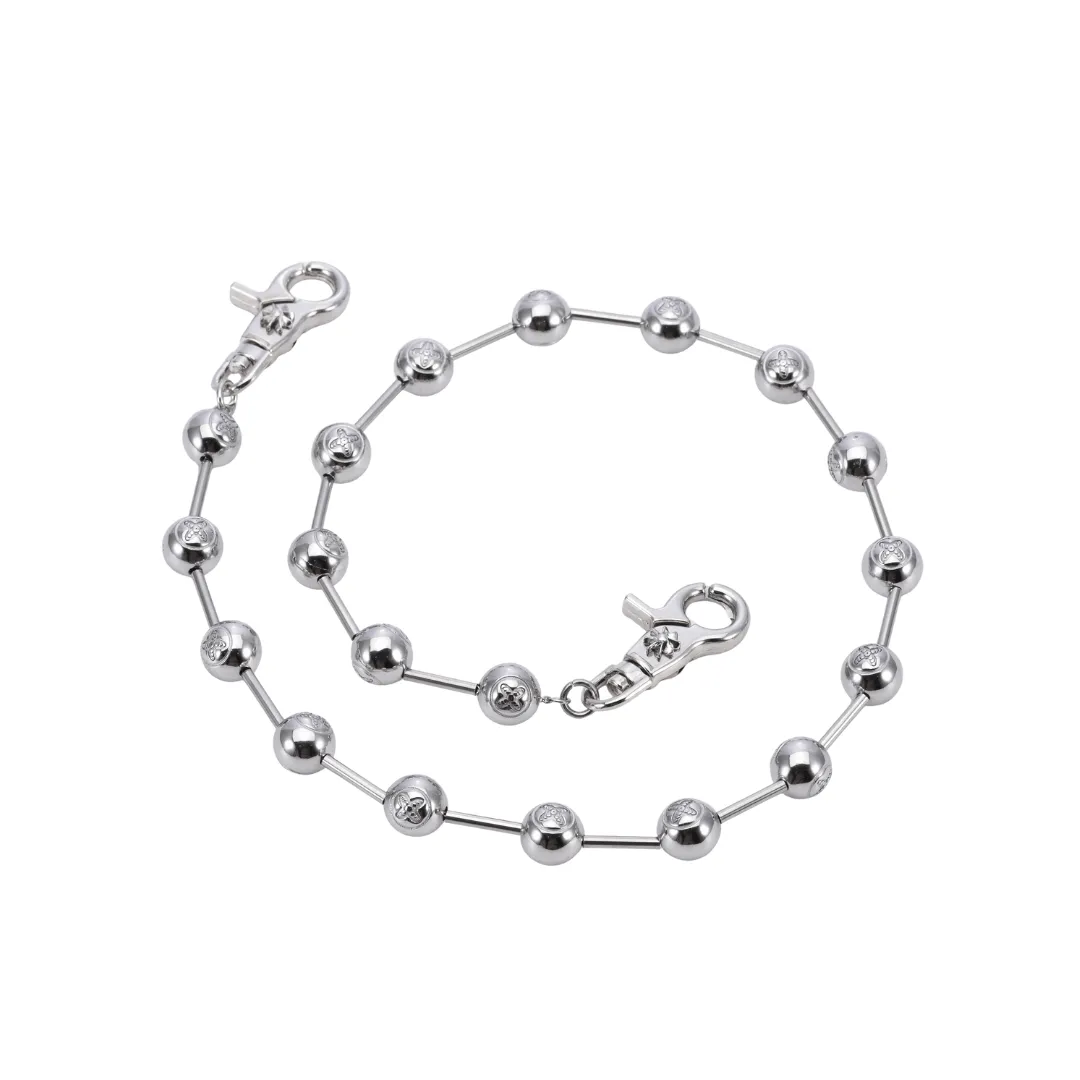 A custom beaded wallet chain with engraved logos on each ball and a clasp with a custom pendant