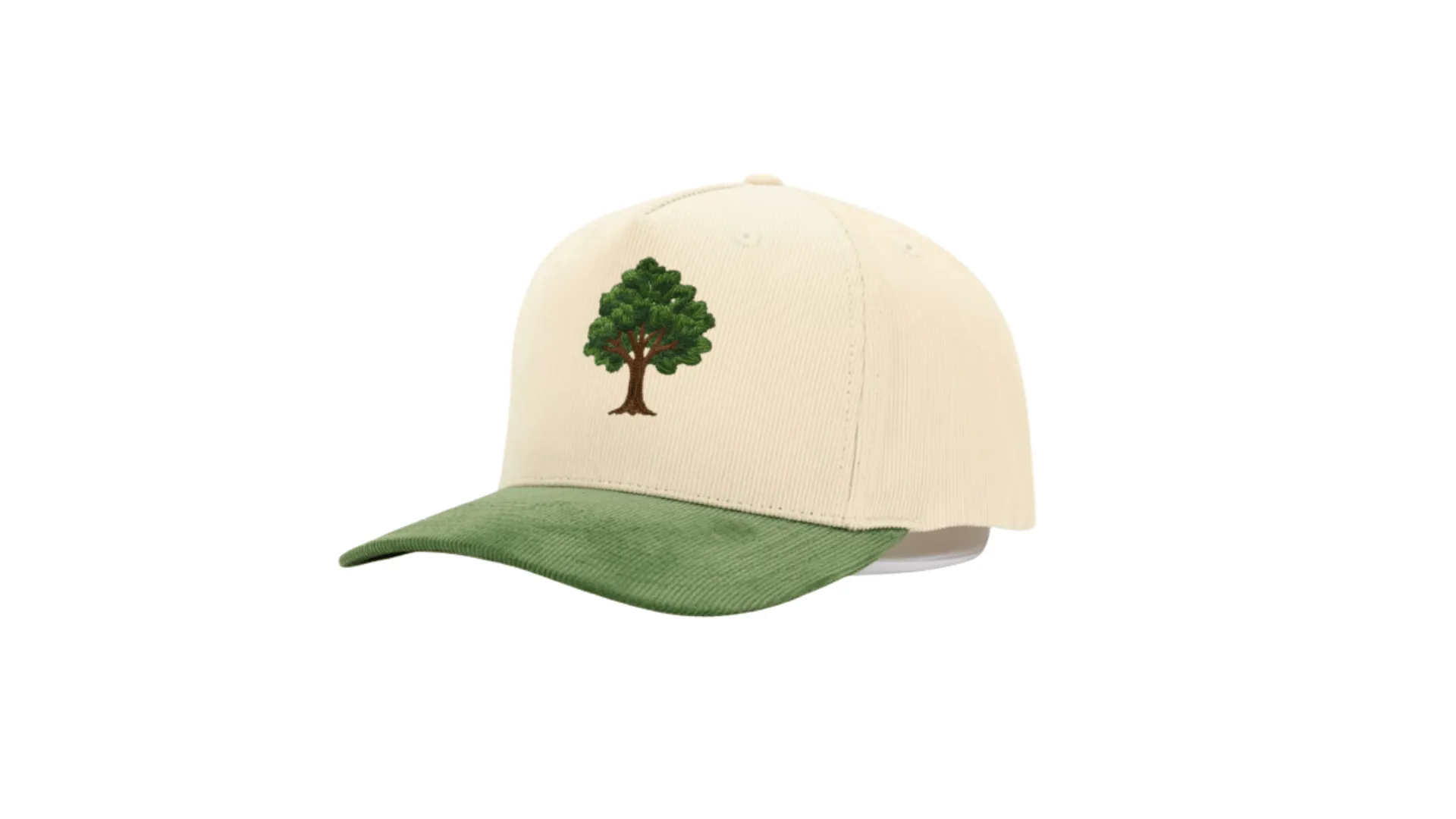 A custom green corduroy branded merch hat with embroidery logo