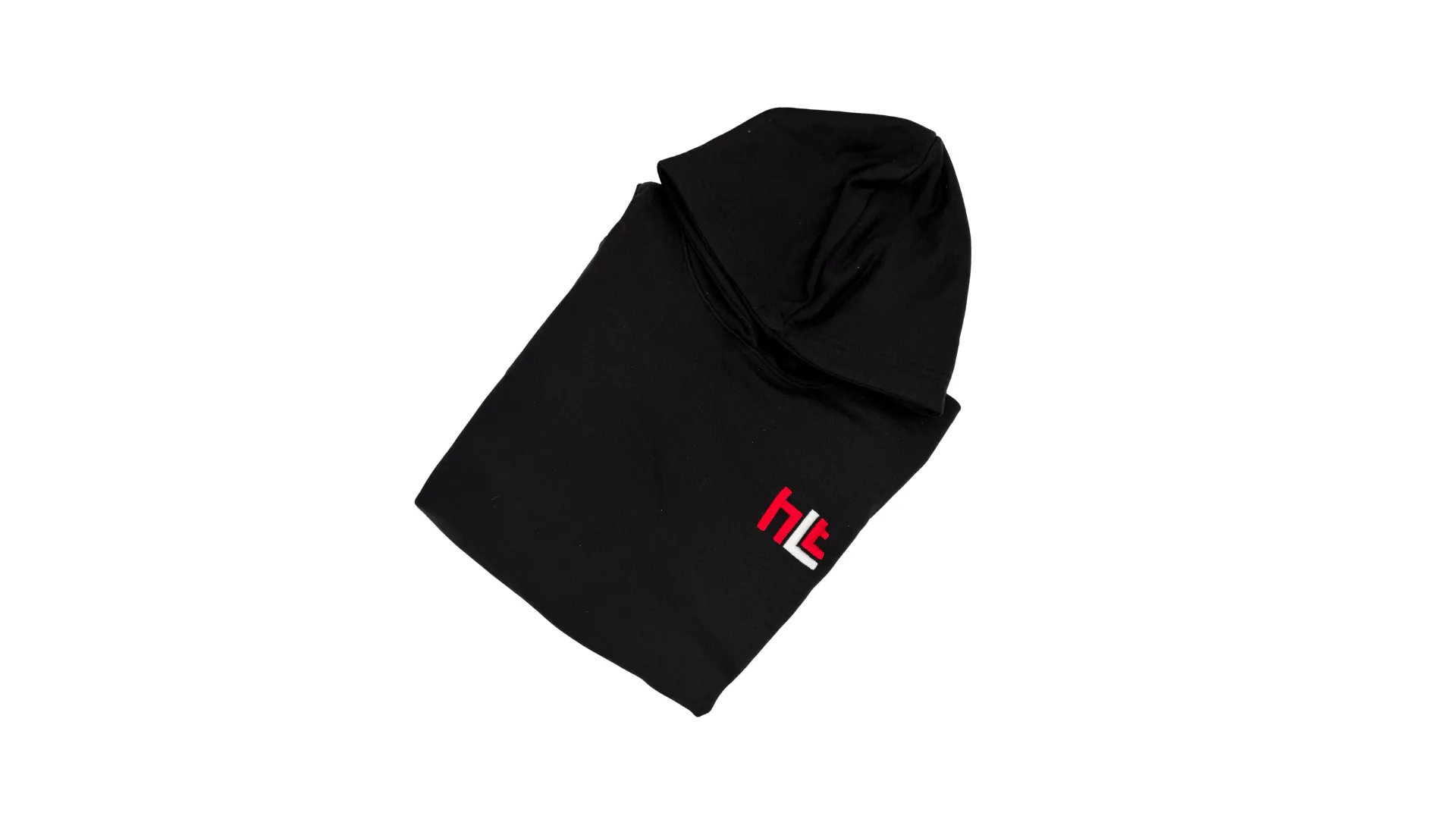 A black hoodie with red and white embroidered logo