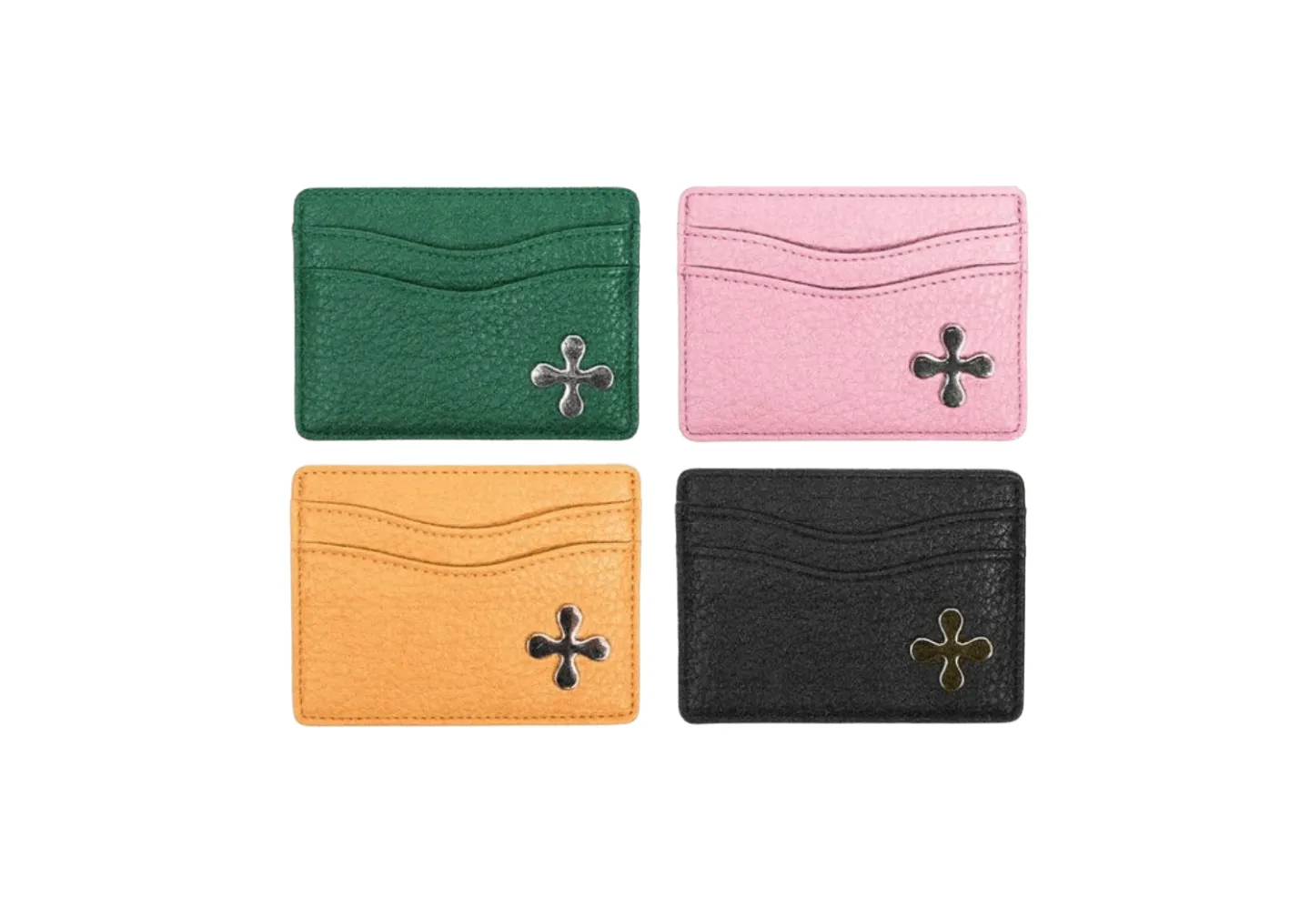 Eight different colors of custom leather cardholders with  metal emblems