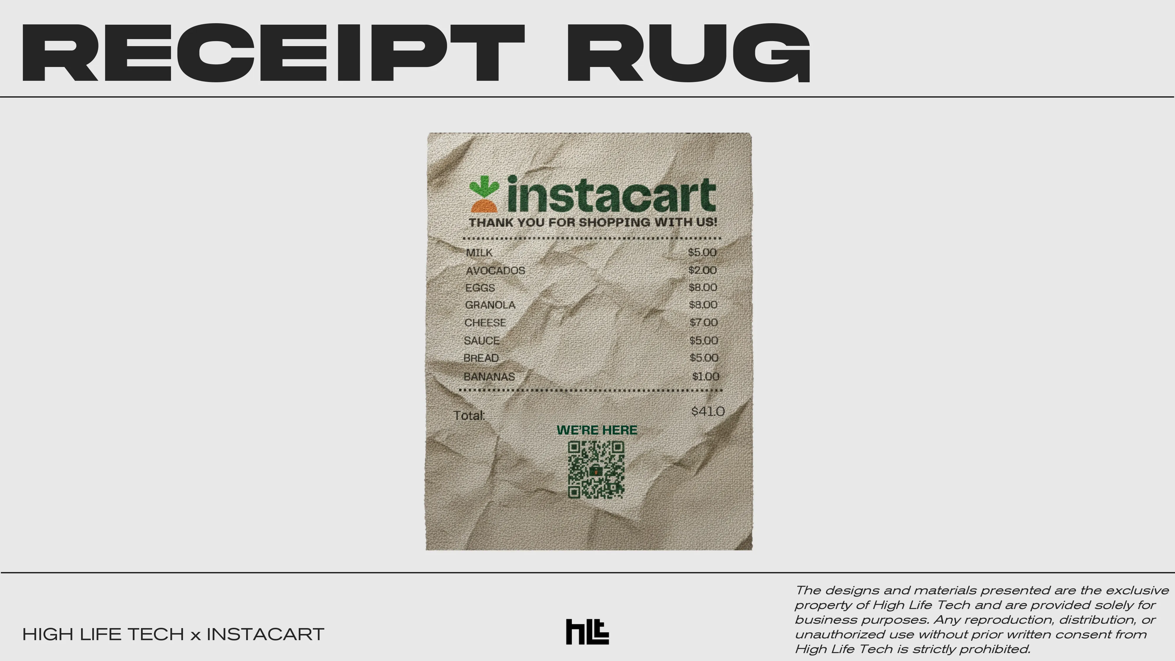 A custom rug printed to look like a crinkled receipt 