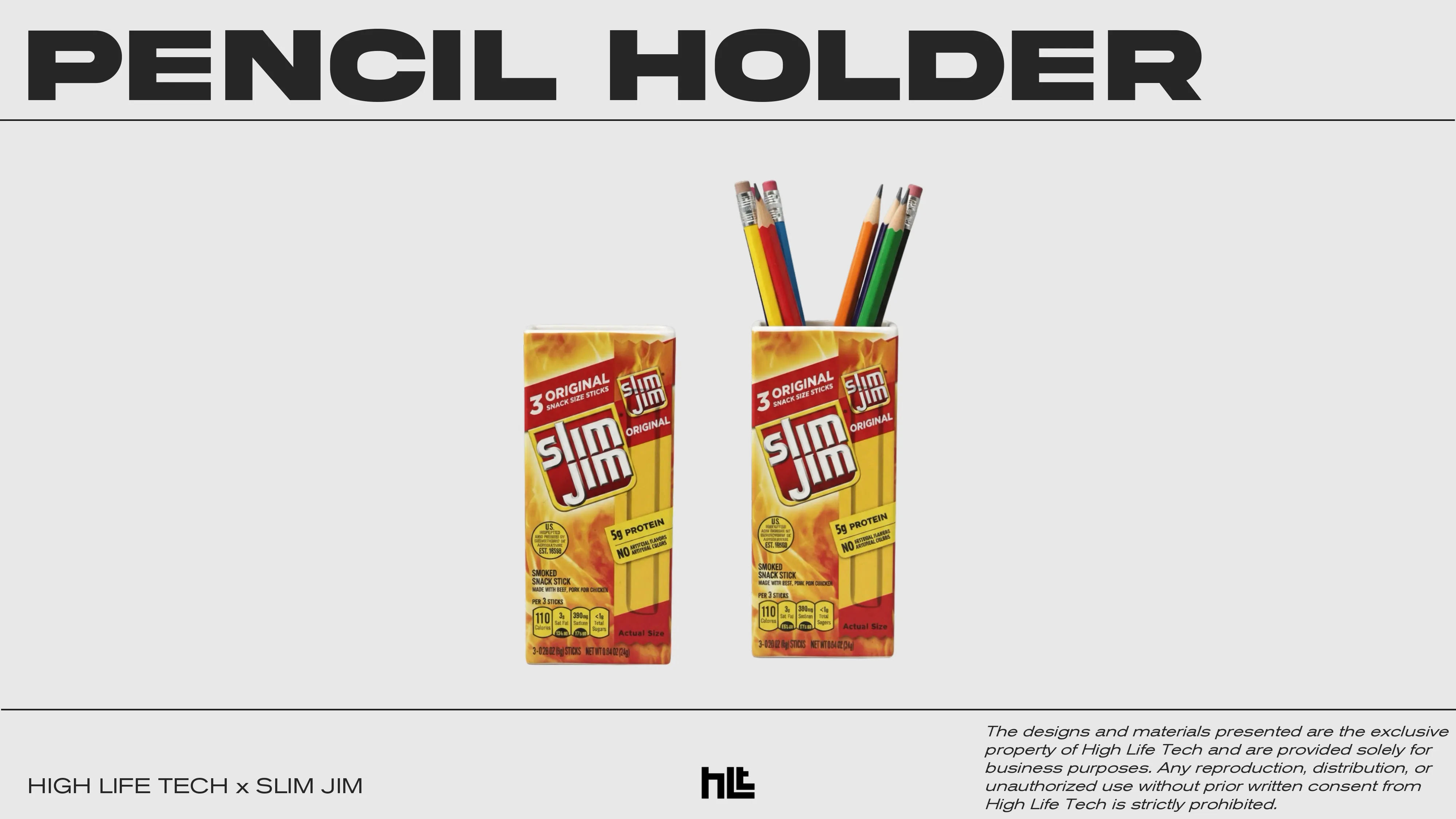 A custom pencil holder that looks like Slim Jim box