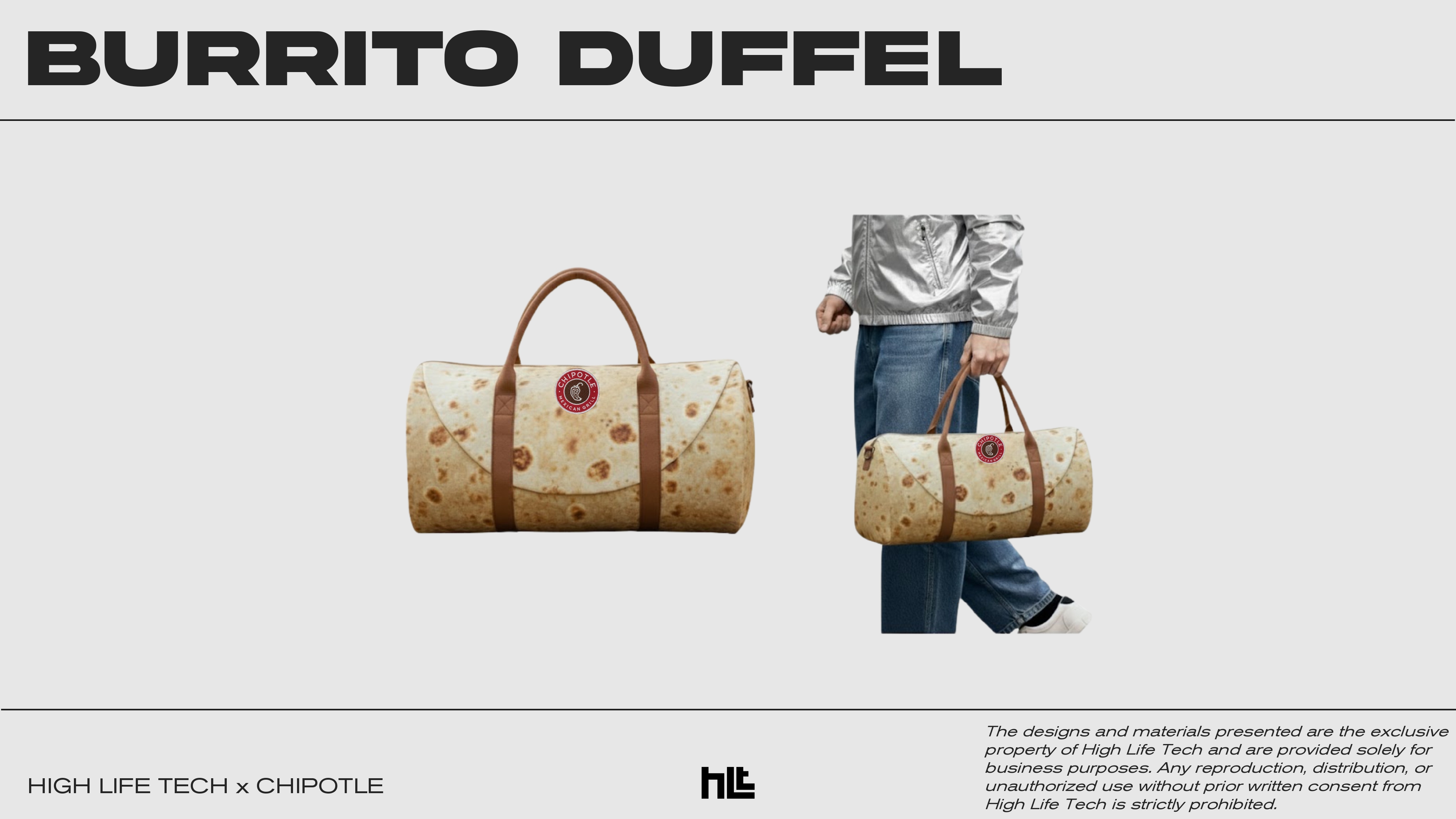 A duffel bag modeled after a burrito