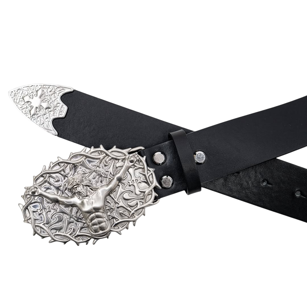 A custom gold plated necklace with half evils logo