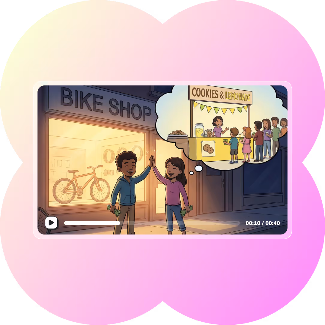 Two children holding money and high-fiving outside a bike shop, imagining running a cookies and lemonade stand with a line of customers.